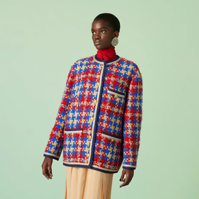 NIGO Gucci Women's Spring/Fall Vintage Multi-Color Oversized Casual Checkered Knit Wool Blend Tweed Long-Sleeve Single-Breasted Coat Jacket Ngvp #nigo2322