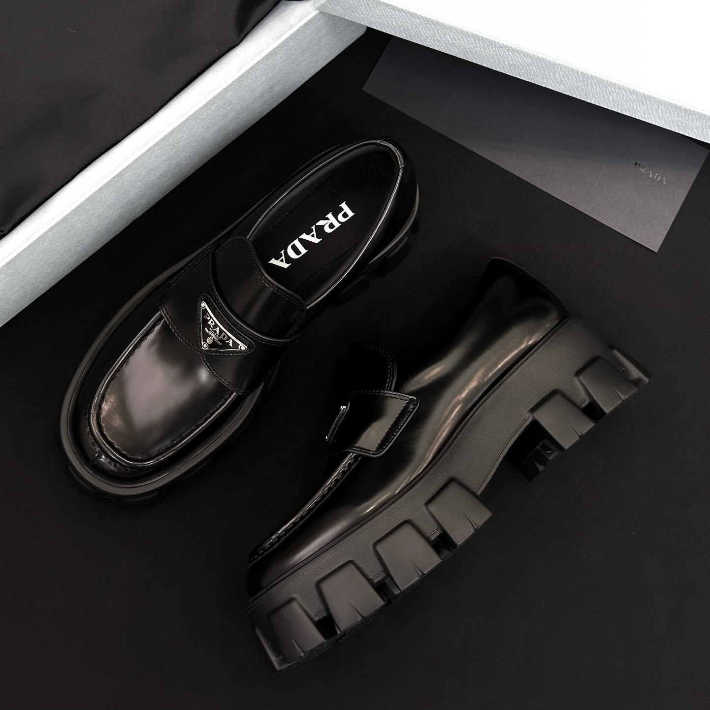 NIGO Prada Women's Spring/Fall Fashion Classic Round Toe Lace Up Slip On Triangle Logo Emblem Leather Chunky Sole Loafers Shoes #nigo78529