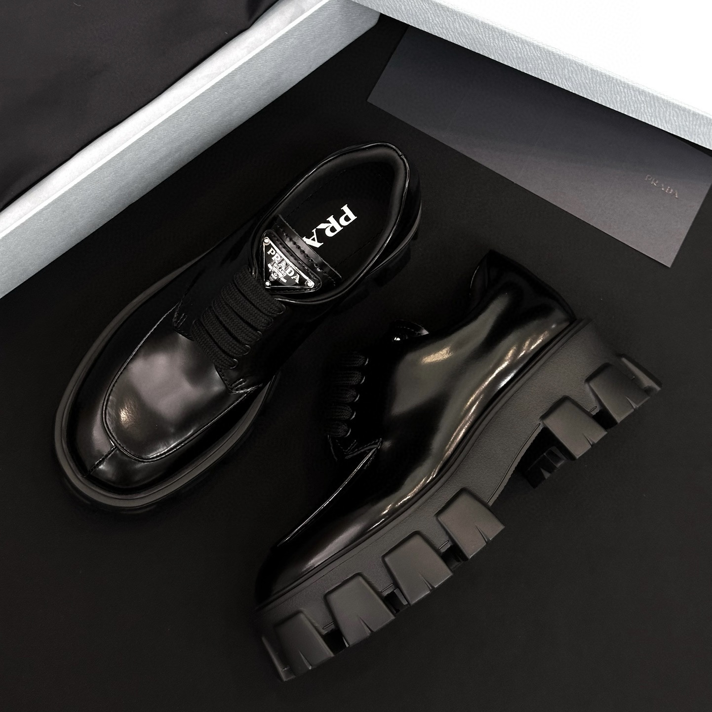 NIGO Prada Women's Spring/Fall Fashion Classic Round Toe Lace Up Slip On Triangle Logo Emblem Leather Chunky Sole Loafers Shoes #nigo78529