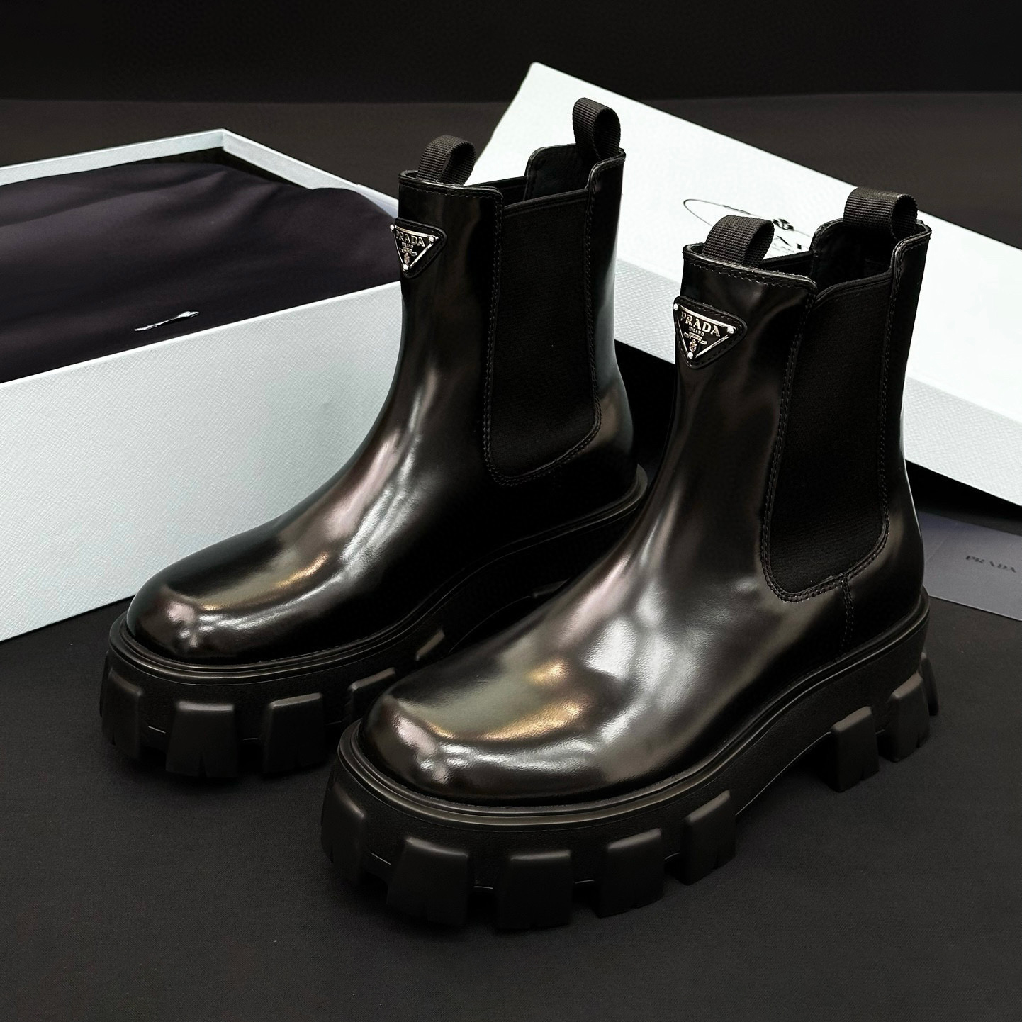 NIGO Prada Women's Fall/Winter Fashion Classic Solid Color Round Toe Slip On Leather Ankle Boots Chester Boots with Thick Soles Shoes #nigo78532