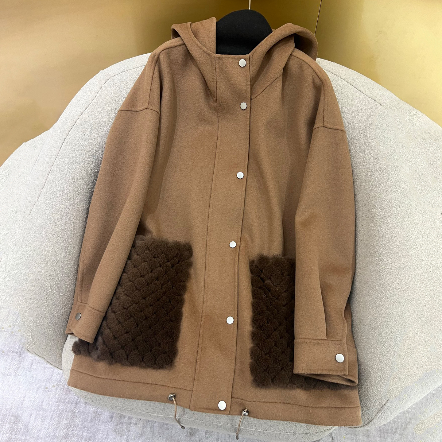 NIGO Loro Piana Women's High-Street Fall/Winter Oversized Pocket Solid-Color Zipper Cashmere-Wool Blend Hooded Mink Coat Jacket Ngvp #nigo2328