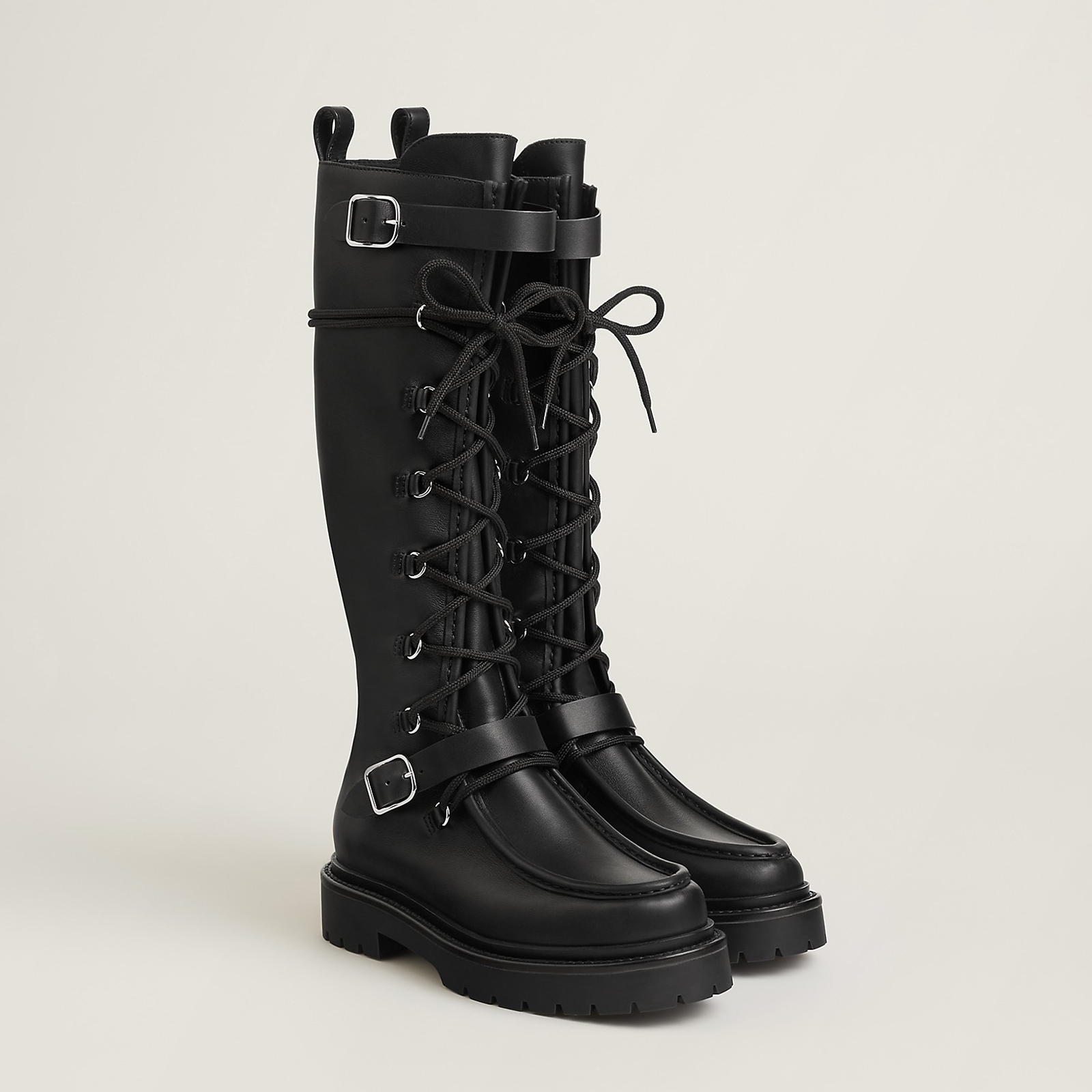 NIGO Hermes Women's Fall/Winter Landscape Boots Lace-Up Round-Toe High-Top Boots Solid-Color Cowhide Casual Shoes Heel Height: 3.5cm Ngvp #nigo2326