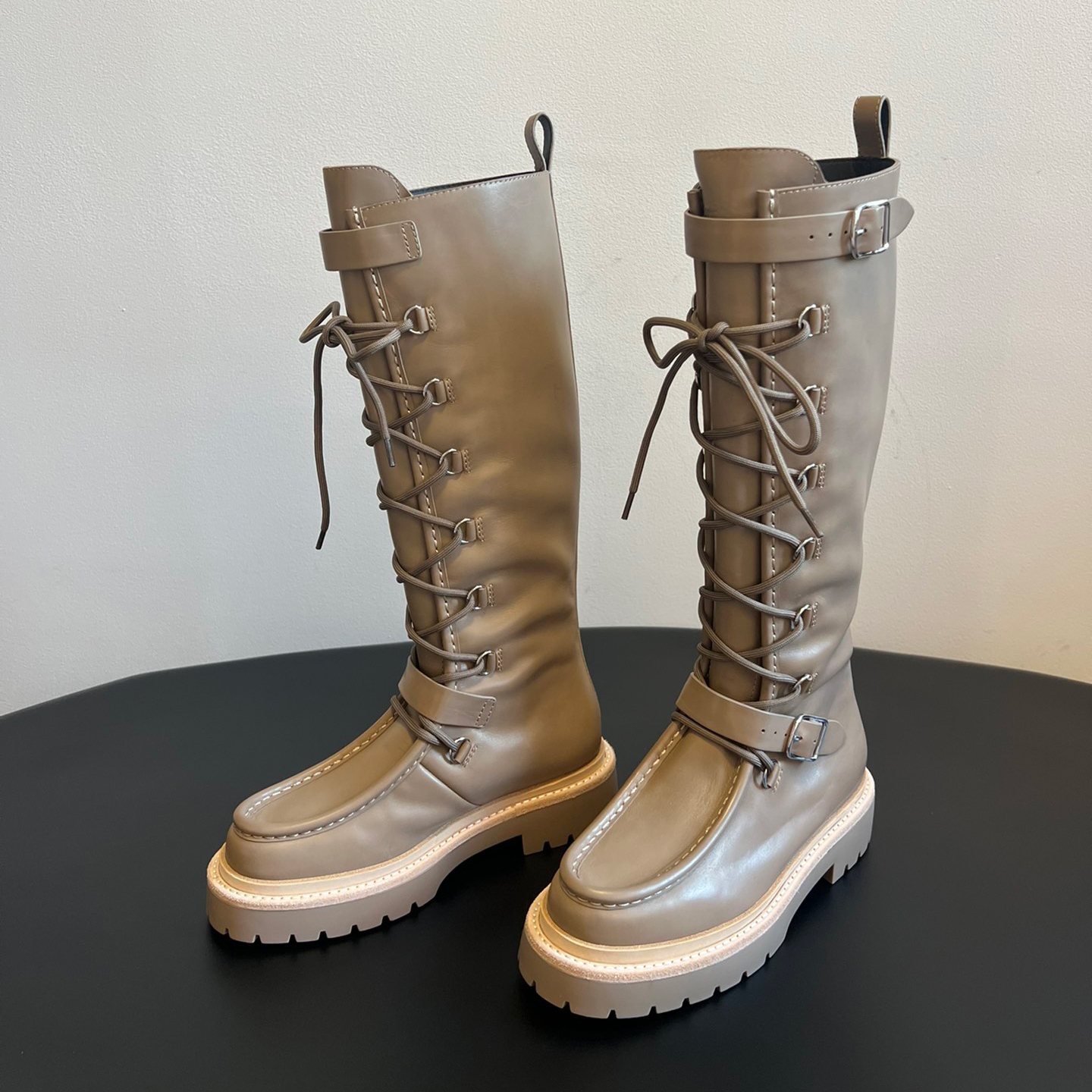 NIGO Hermes Women's Fall/Winter Landscape Boots Lace-Up Round-Toe High-Top Boots Solid-Color Cowhide Casual Shoes Heel Height: 3.5cm Ngvp #nigo2326