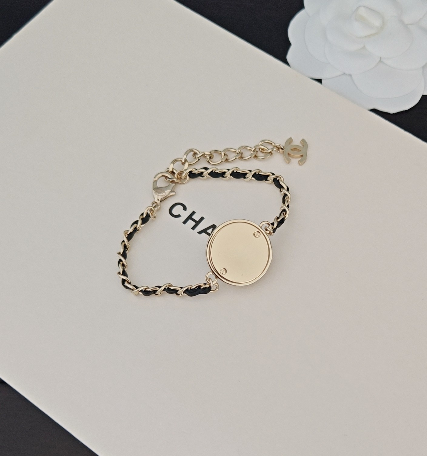 NIGO Chanel Women's Fashion Classic Light Gold Round Black Leather Bracelet with Logo Emblem Bracelet Jewelry  Accessories #nigo78555