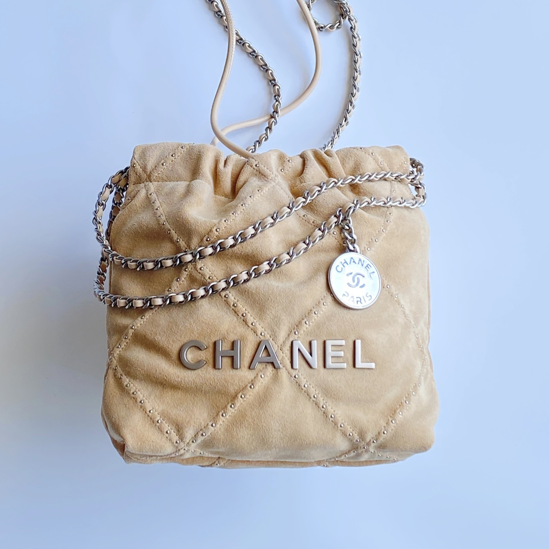 NIGO Chanel Suede Rivet Style 22 Bag Mini Antique Silver Buckle Italian Bonaudo Suede Calfskin Apricot Silver Buckle Women's Luxury Chain-strap Tote Bag Bags #nigo81448