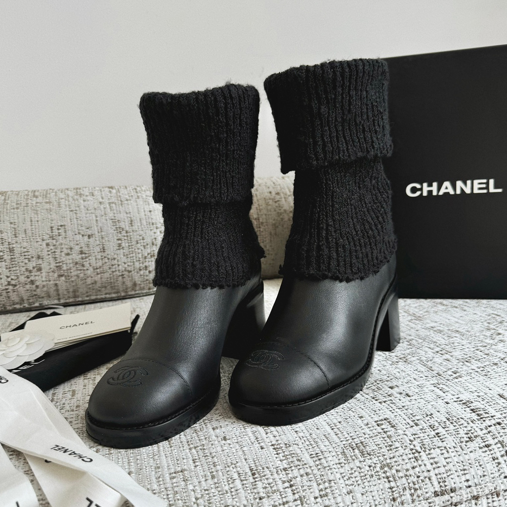 NIGO Chanel Women's Fall/winter Fashion Casual Round Toe Slip On Leather Cashmere Loop Cuff Mid Calf Boots Shoes #nigo78536