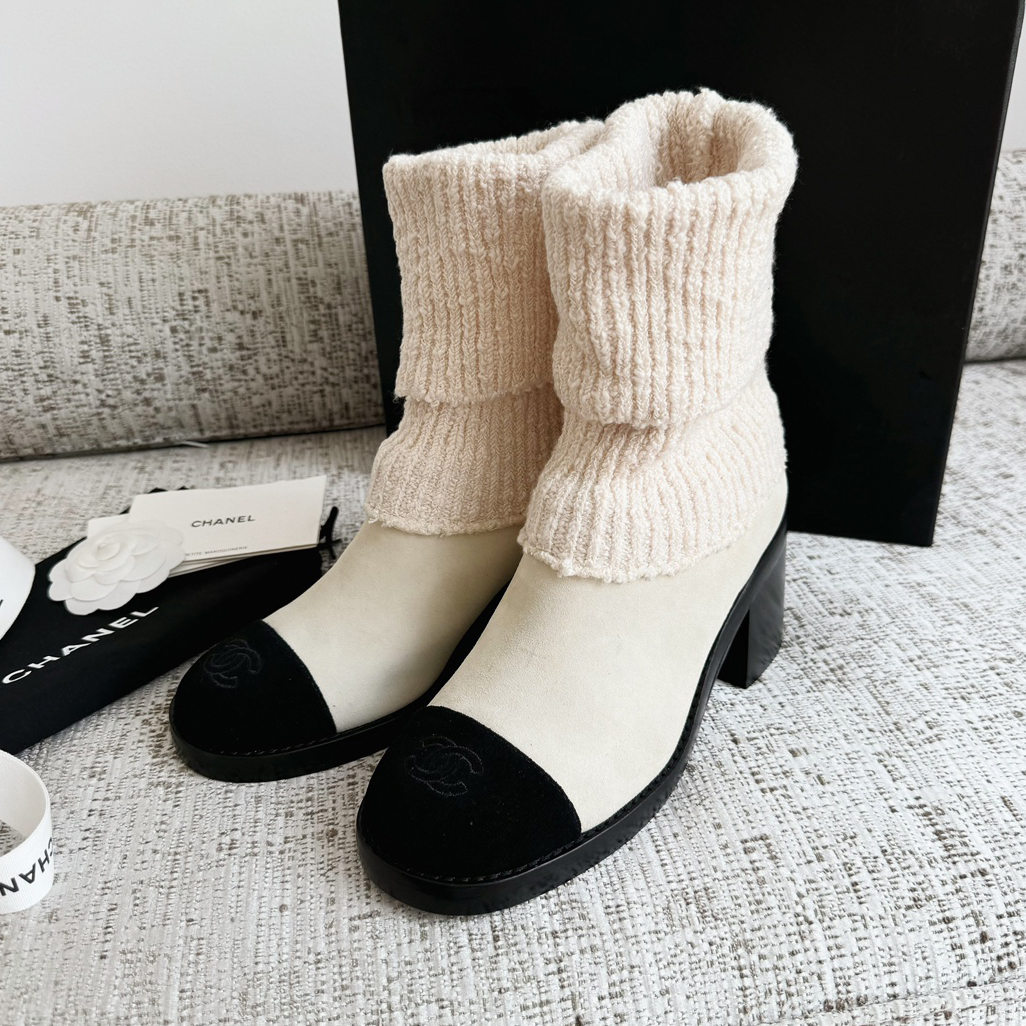 NIGO Chanel Women's Fall/winter Fashion Casual Round Toe Slip On Leather Cashmere Loop Cuff Mid Calf Boots Shoes #nigo78536