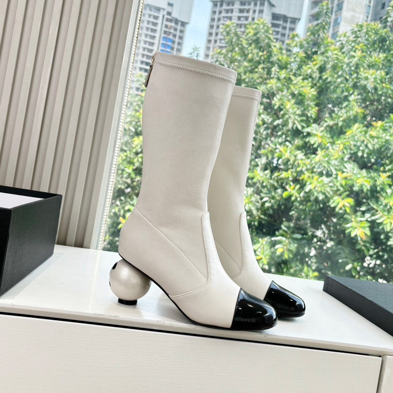 NIGO Chanel Women's Fall/winter Fashion Classic Round Toe Sheepskin Double C Oversized Pearl Heel Stretch Mid Calf Boots Long Boots Shoes #nigo78546