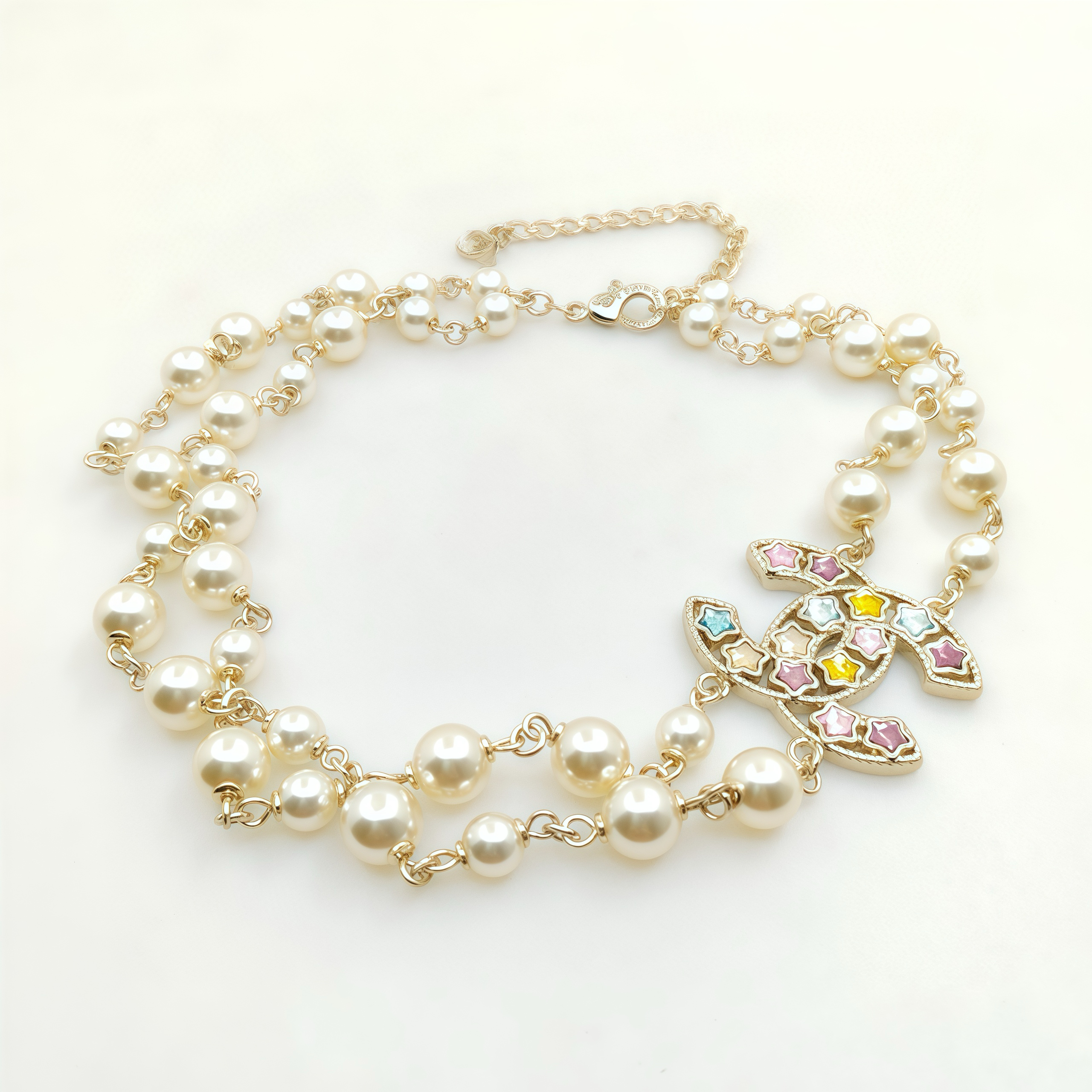 NIGO Chanel Women's Fashion Classic Colored Diamond Five Pointed Star Pearl Double Layer Necklace Brass Material Necklace Jewelry Accessories #nigo78556