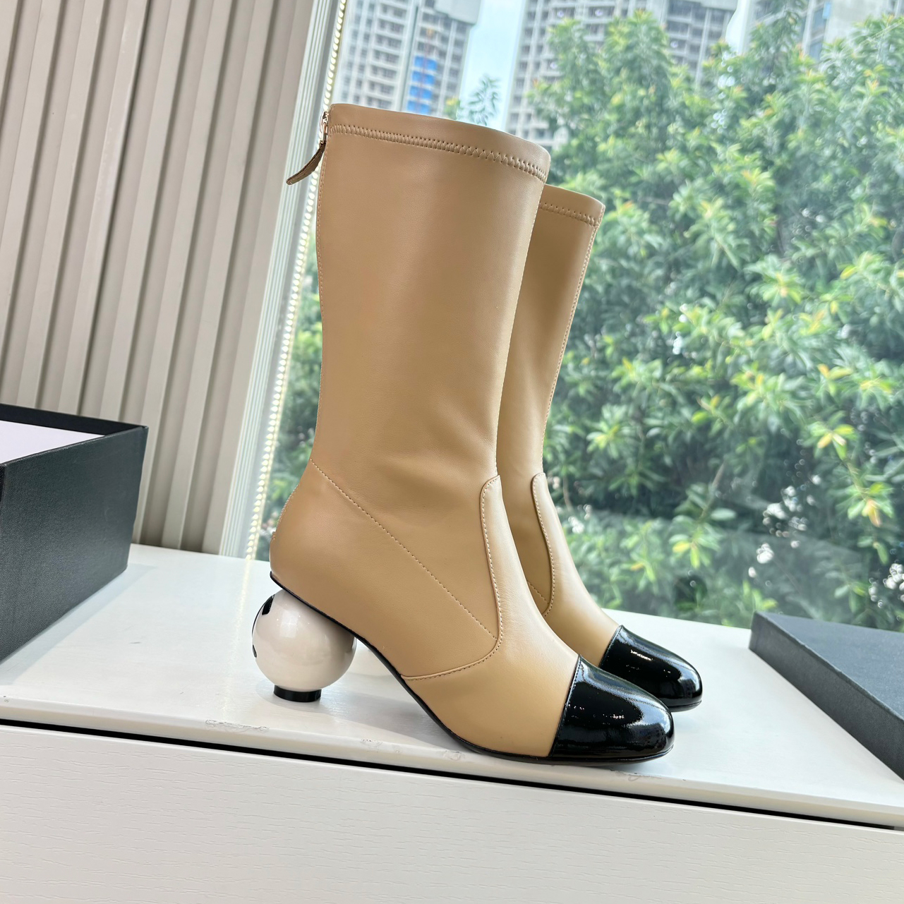 NIGO Chanel Women's Fall/winter Fashion Classic Round Toe Sheepskin Double C Oversized Pearl Heel Stretch Mid Calf Boots Long Boots Shoes #nigo78546