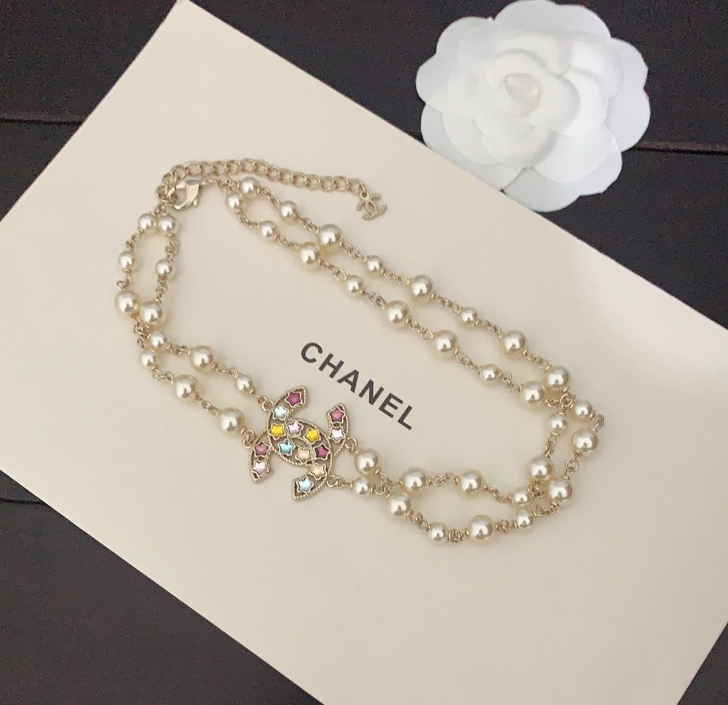 NIGO Chanel Women's Fashion Classic Colored Diamond Five Pointed Star Pearl Double Layer Necklace Brass Material Necklace Jewelry Accessories #nigo78556