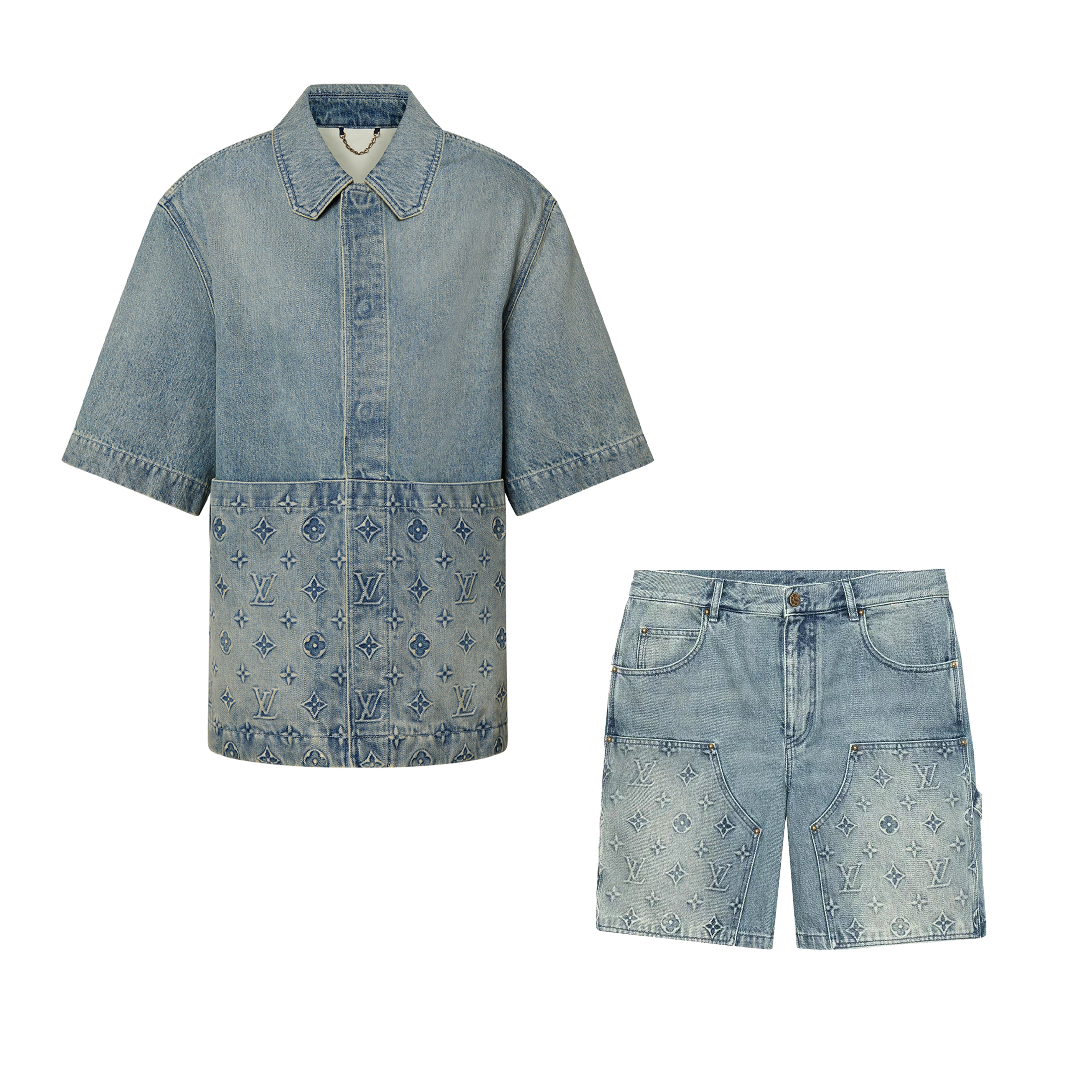 NIGO Louis Vuitton Men's Summer Fashion Casual Collared Single Button Classic Embossed Denim Short Sleeve Shirt Classic Print Zipper Mid Rise Workwear Denim Shorts Suit Set #nigo78561