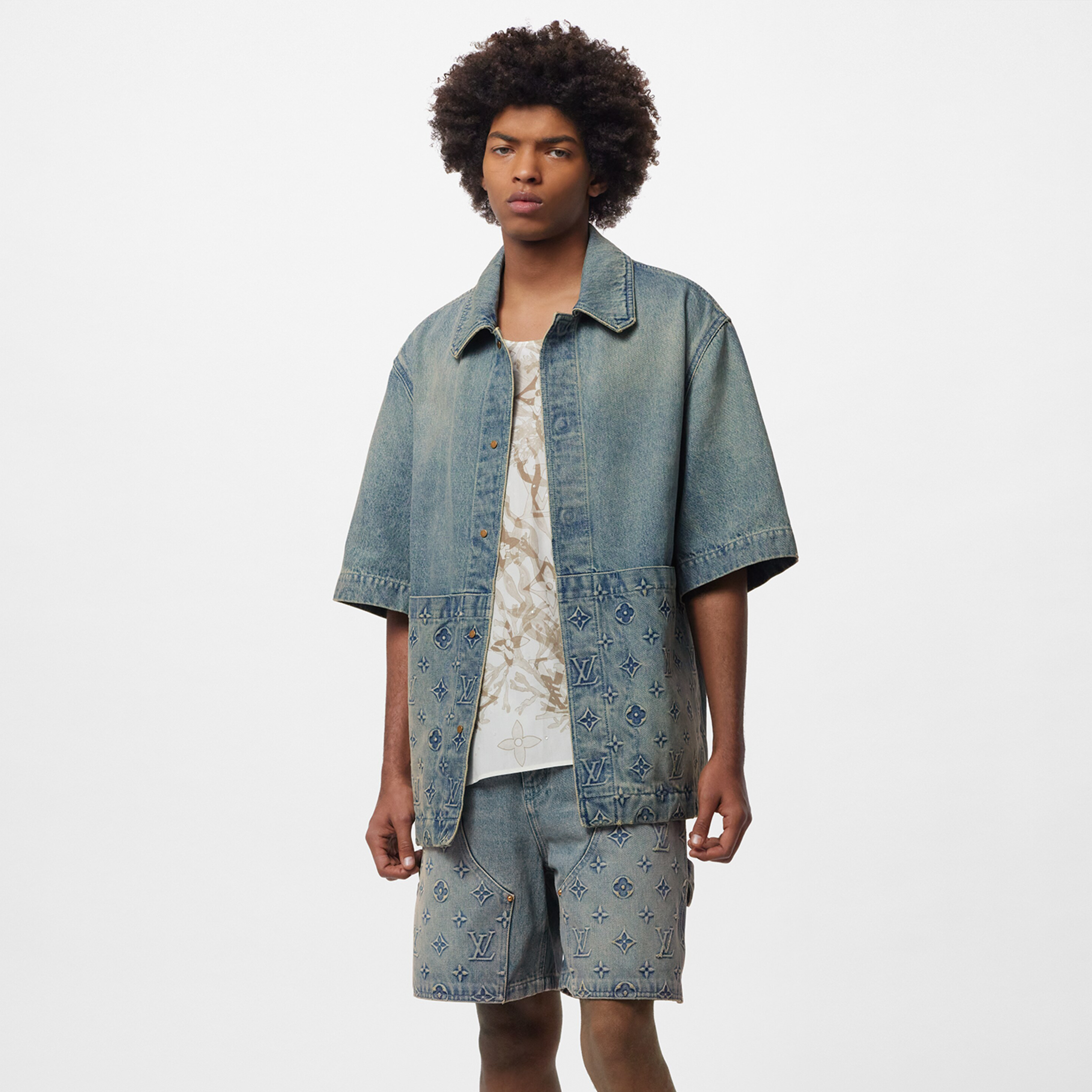 NIGO Louis Vuitton Men's Summer Fashion Casual Collared Single Button Classic Embossed Denim Short Sleeve Shirt Classic Print Zipper Mid Rise Workwear Denim Shorts Suit Set #nigo78561
