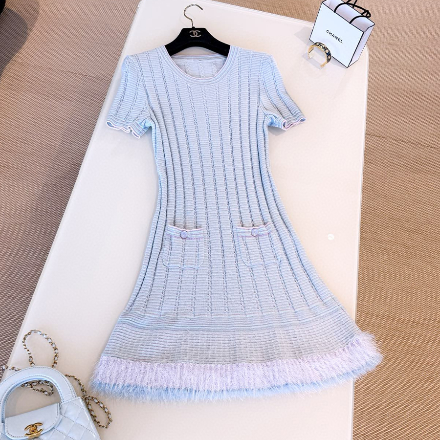 NIGO Chanel Women's High-Street Fringe Hem Multi-Color Spring/Summer Stretch Crew Neck Knit Dress Dresses Ngvp #nigo2337