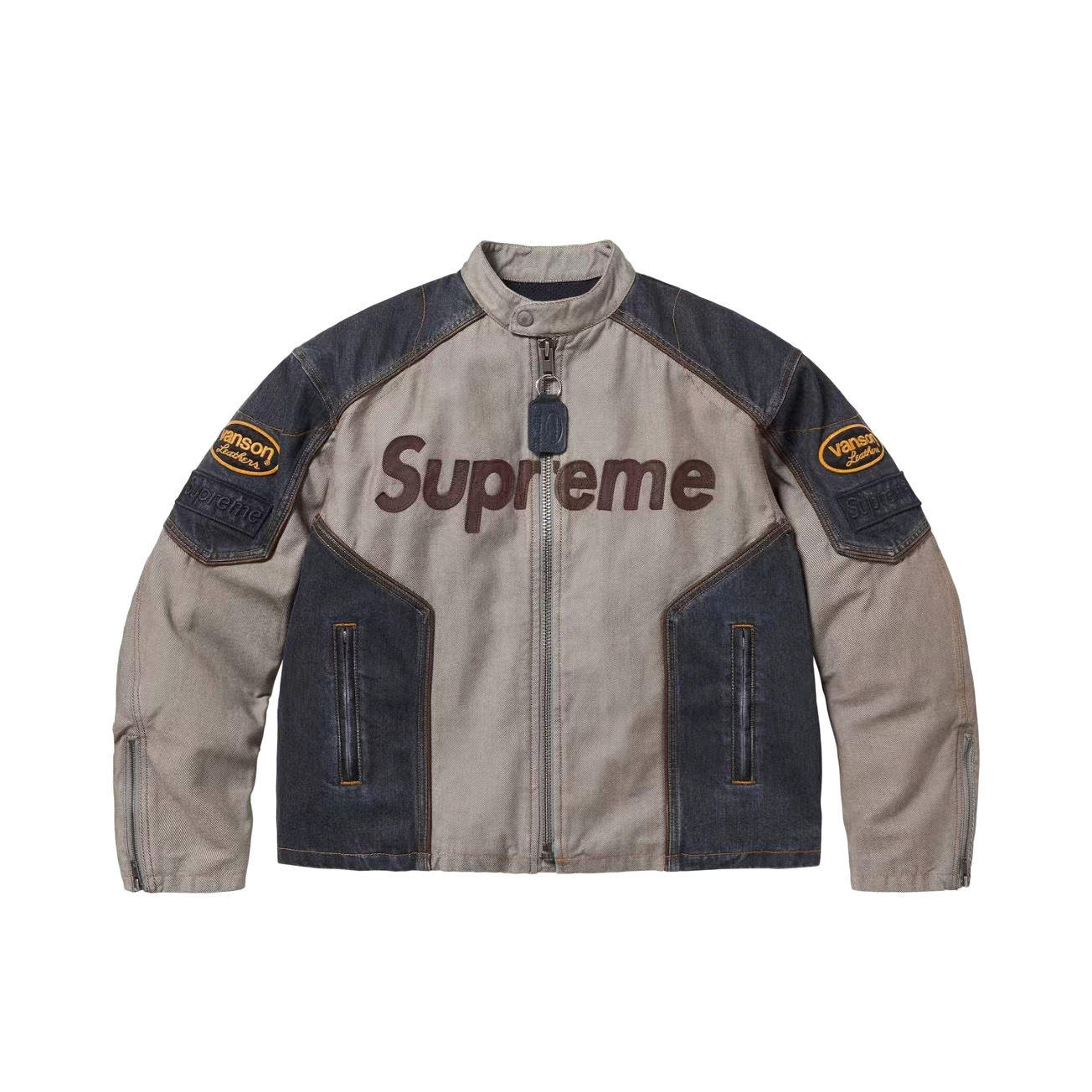 NIGO Supreme x Vanson Leathers x Cordura Men's And Women's Spring/Fall Fashion Casual High Neck Leather Logo Zipper Patchwork American Style Jacket #nigo78582