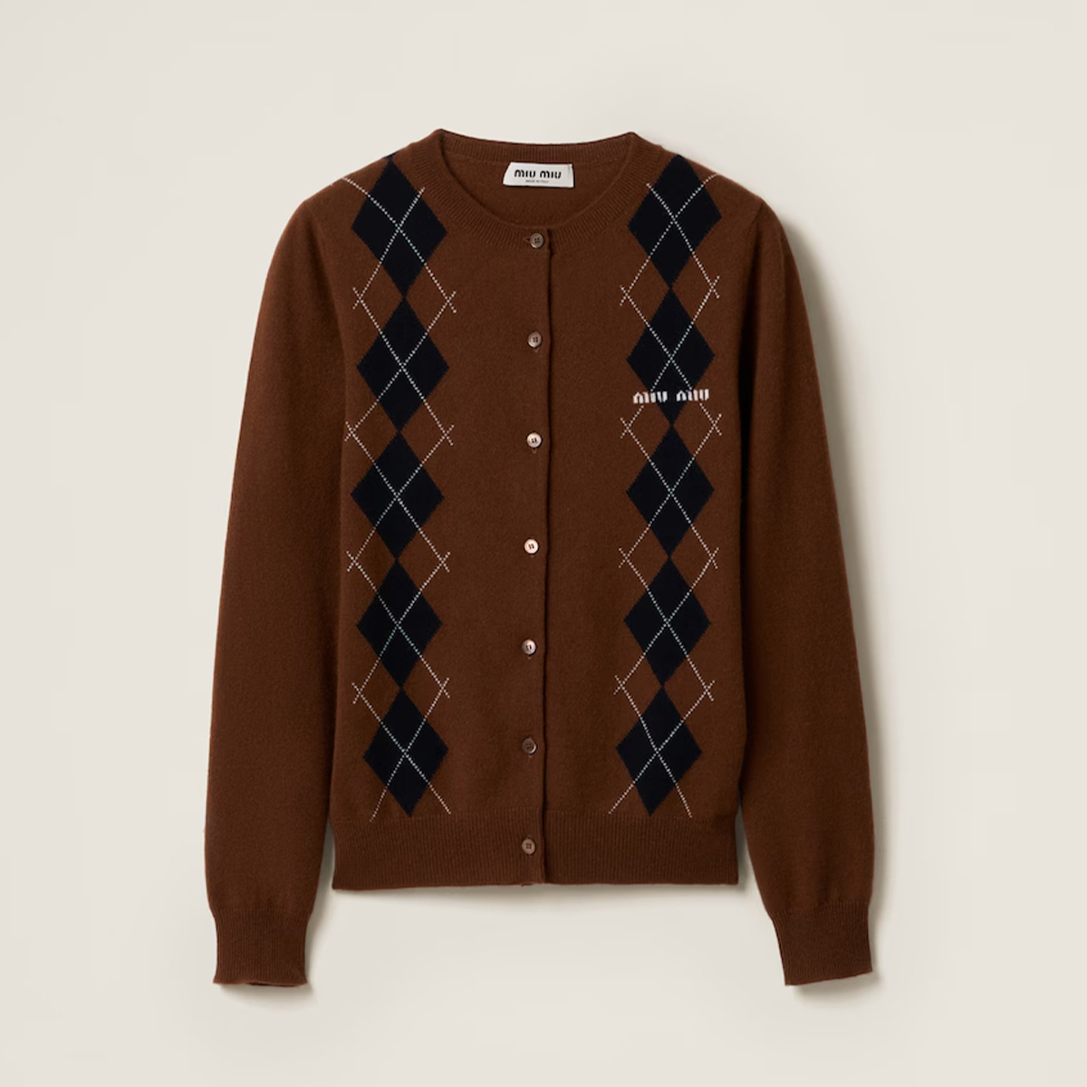 NIGO MiuMiu Women's Vintage High-Street Logo Print Diamond Pattern Crew Neck Single-Button Solid Color Spring/Fall/Winter Long-Sleeve Cashmere Knit Cardigan #nigo81539