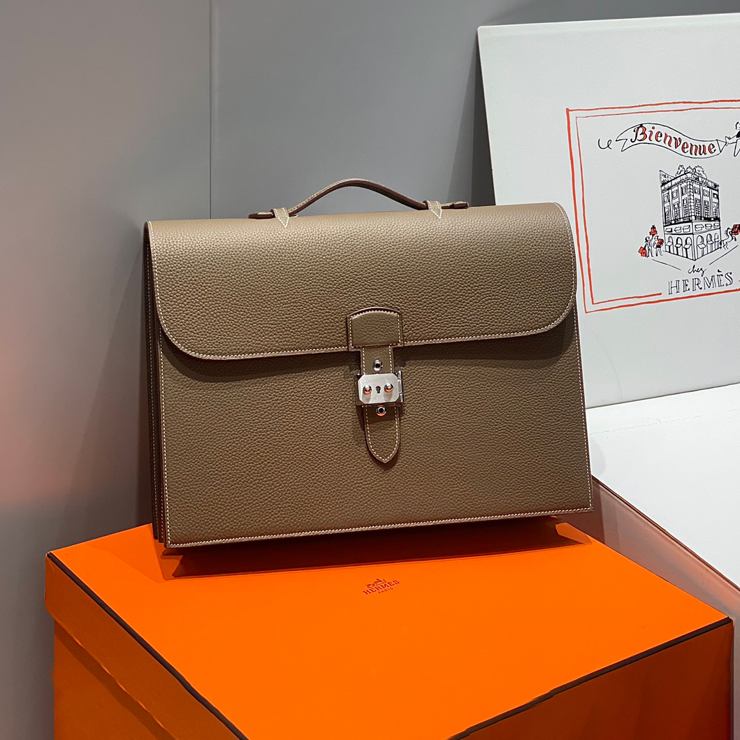 NIGO Hermes Men's Fashion Classic Solid-Color Leather Business Briefcase Handbag Bag Bags H033630CB37 #nigo78599