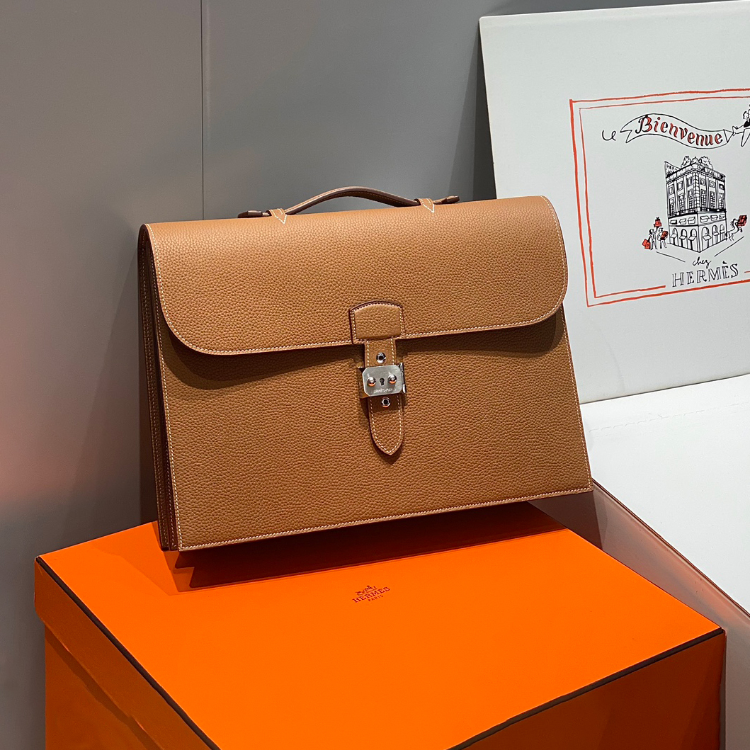 NIGO Hermes Men's Fashion Classic Solid-Color Leather Business Briefcase Handbag Bag Bags H033630CB37 #nigo78599