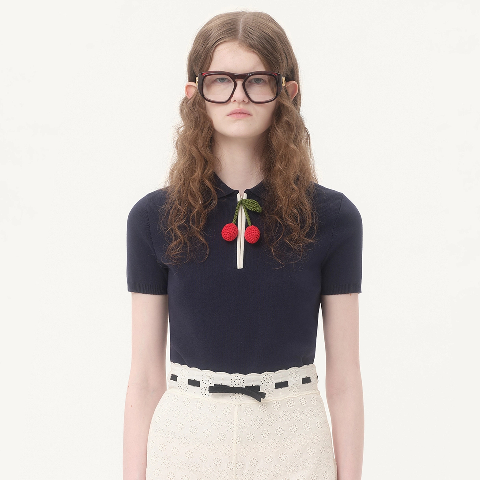 NIGO Valentino Women's Summer Cherry-Print Solid-Color Cotton Crewneck Knit Polo Short-Sleeve T-Shirt Ngvp #nigo2345