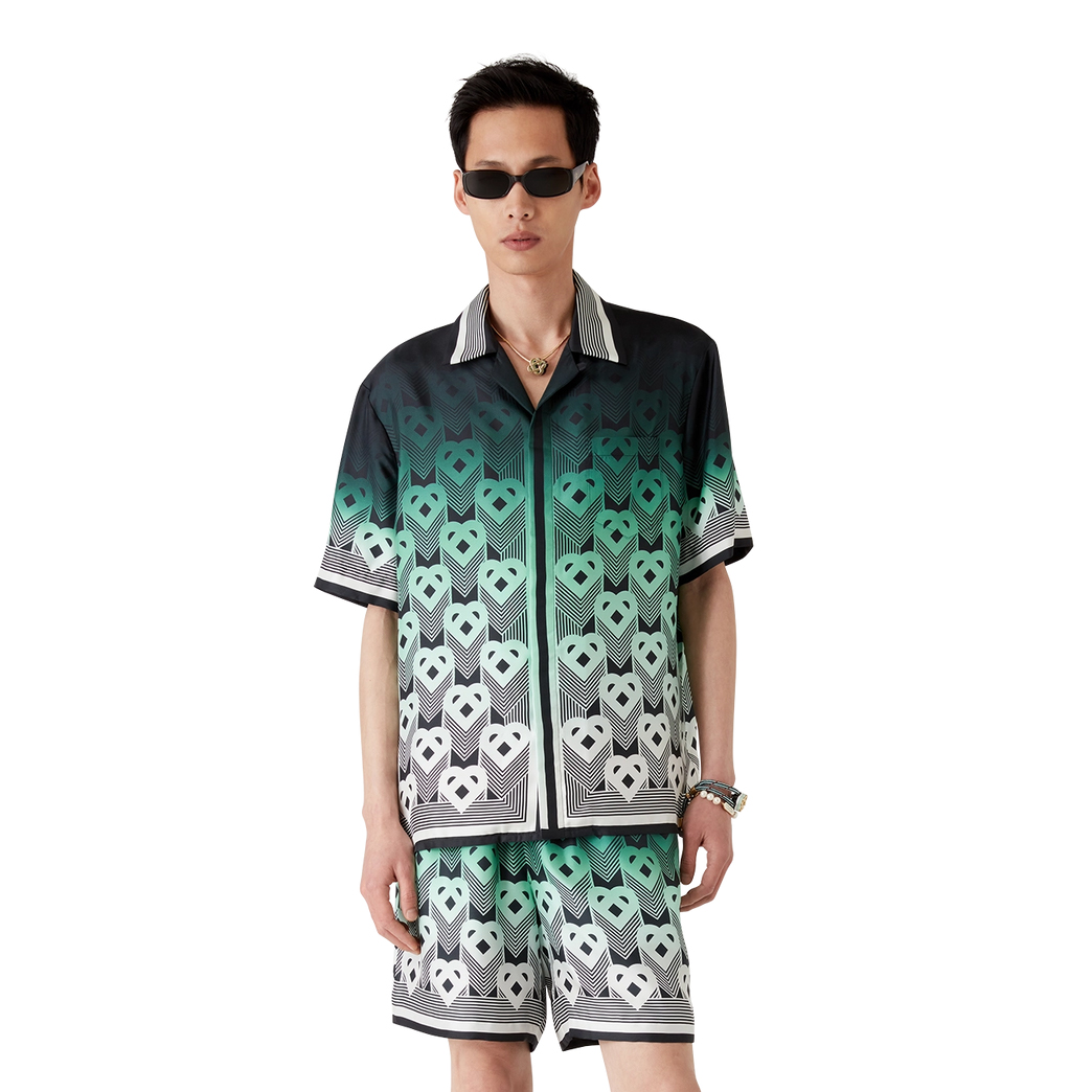 NIGO Casablanca Men's Summer Fashion Casual Heart Pattern Silk Button Down Short Sleeve Shirt with Elastic Drawstring Silk Shorts Suit Set #nigo78592