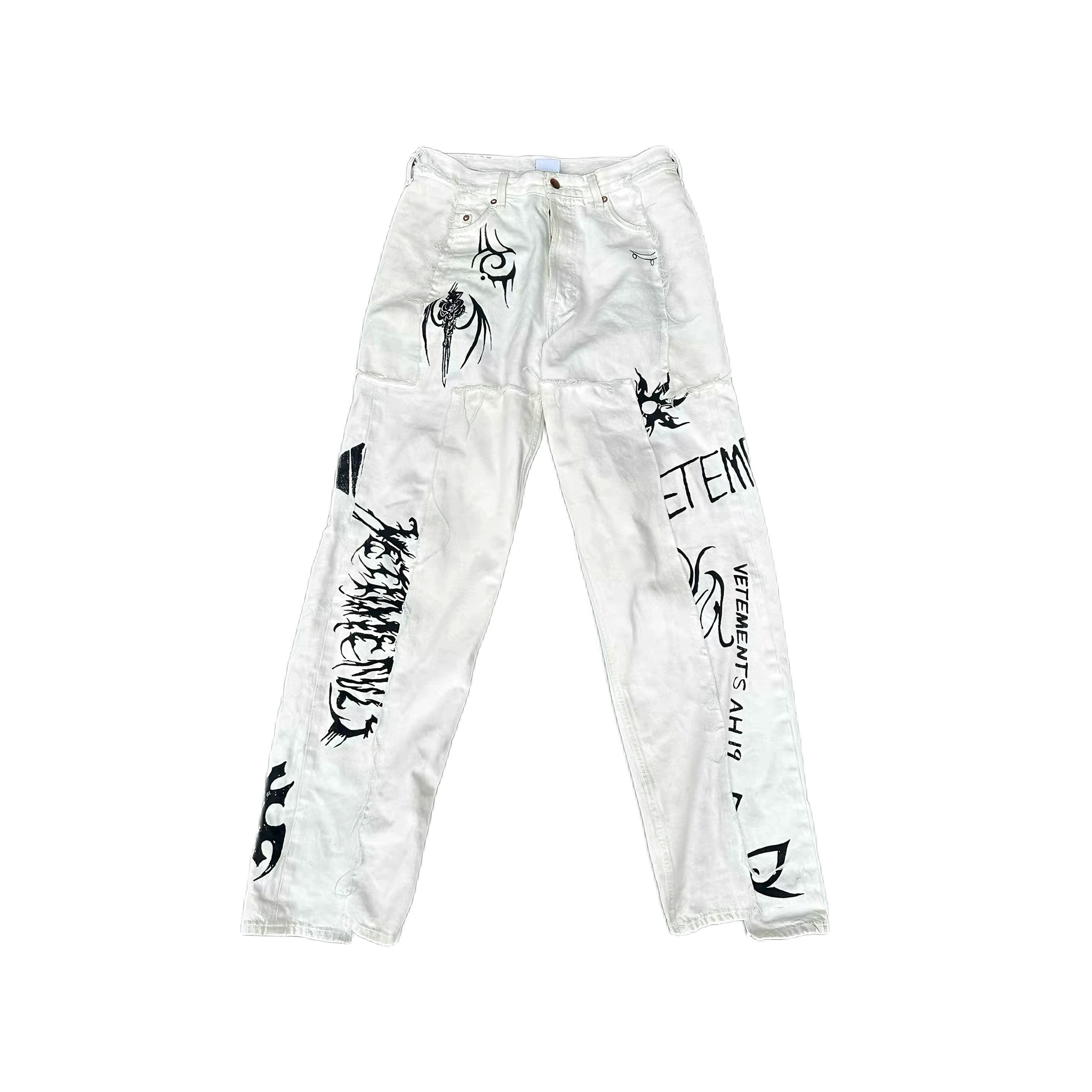 NIGO Vetements Men's High Street Vintage Show Co-branded Opium Deconstructed Splicing Tattoo Print White Denim Pants Fashion Trend Casual Pants Ngvp #nigo2446