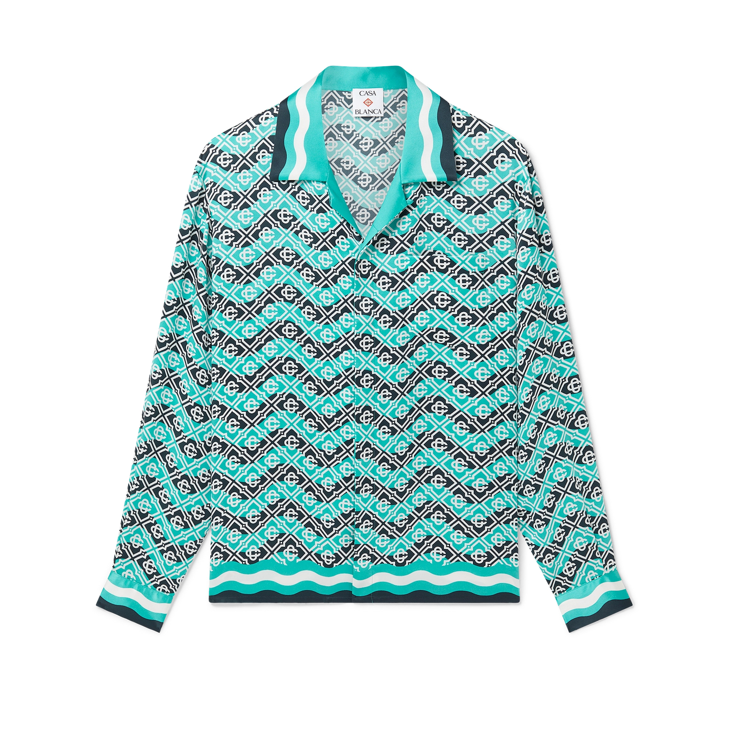 NIGO Casablanca Men's and Women's Fashion Casual Full Print Logo Silk Long Sleeve Shirt Elastic Drawstring Waist Full Print Logo Silk Long Pants Suit Set #nigo78594