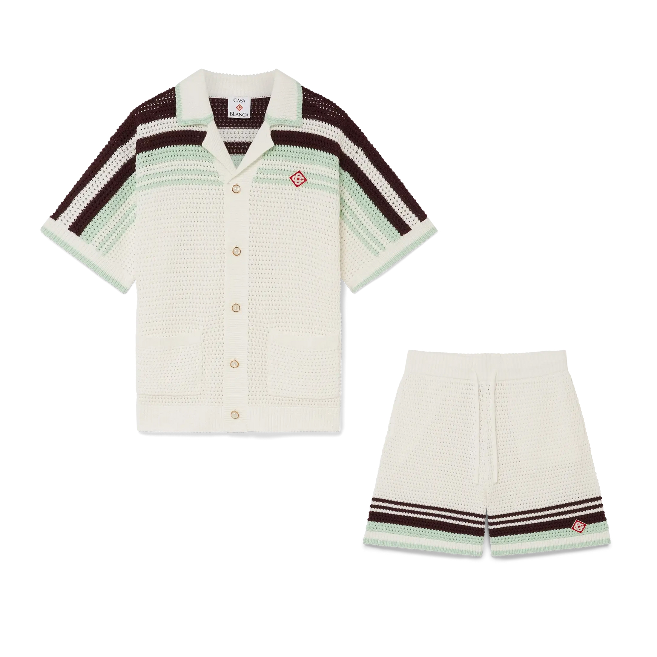 NIGO Casablanca Men's Summer Fashion Casual V-Neck Single Button Knit Striped Sweater Shirt with Elastic Drawstring Waist Knit Striped Shorts Suit Set #nigo78593