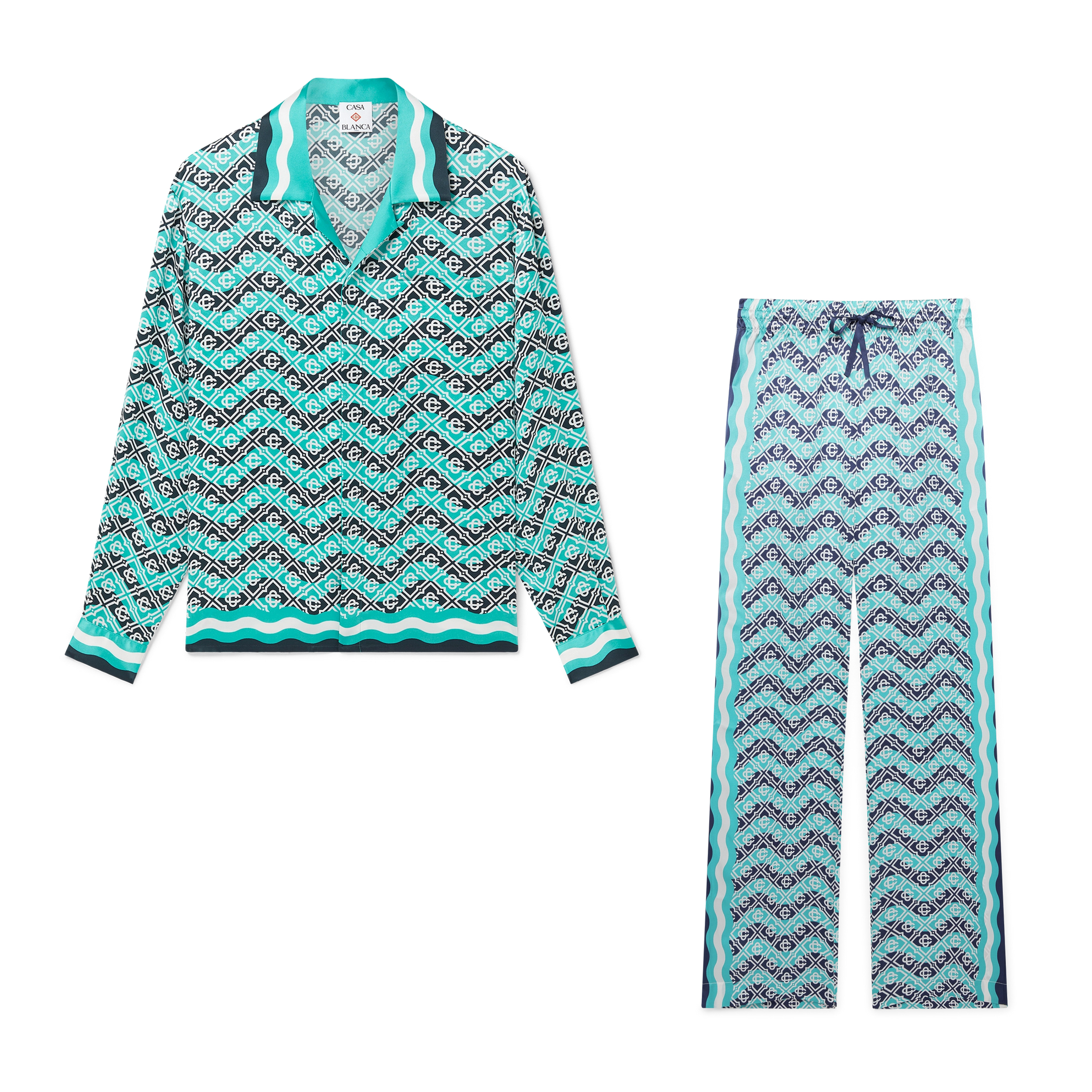 NIGO Casablanca Men's and Women's Fashion Casual Full Print Logo Silk Long Sleeve Shirt Elastic Drawstring Waist Full Print Logo Silk Long Pants Suit Set #nigo78594