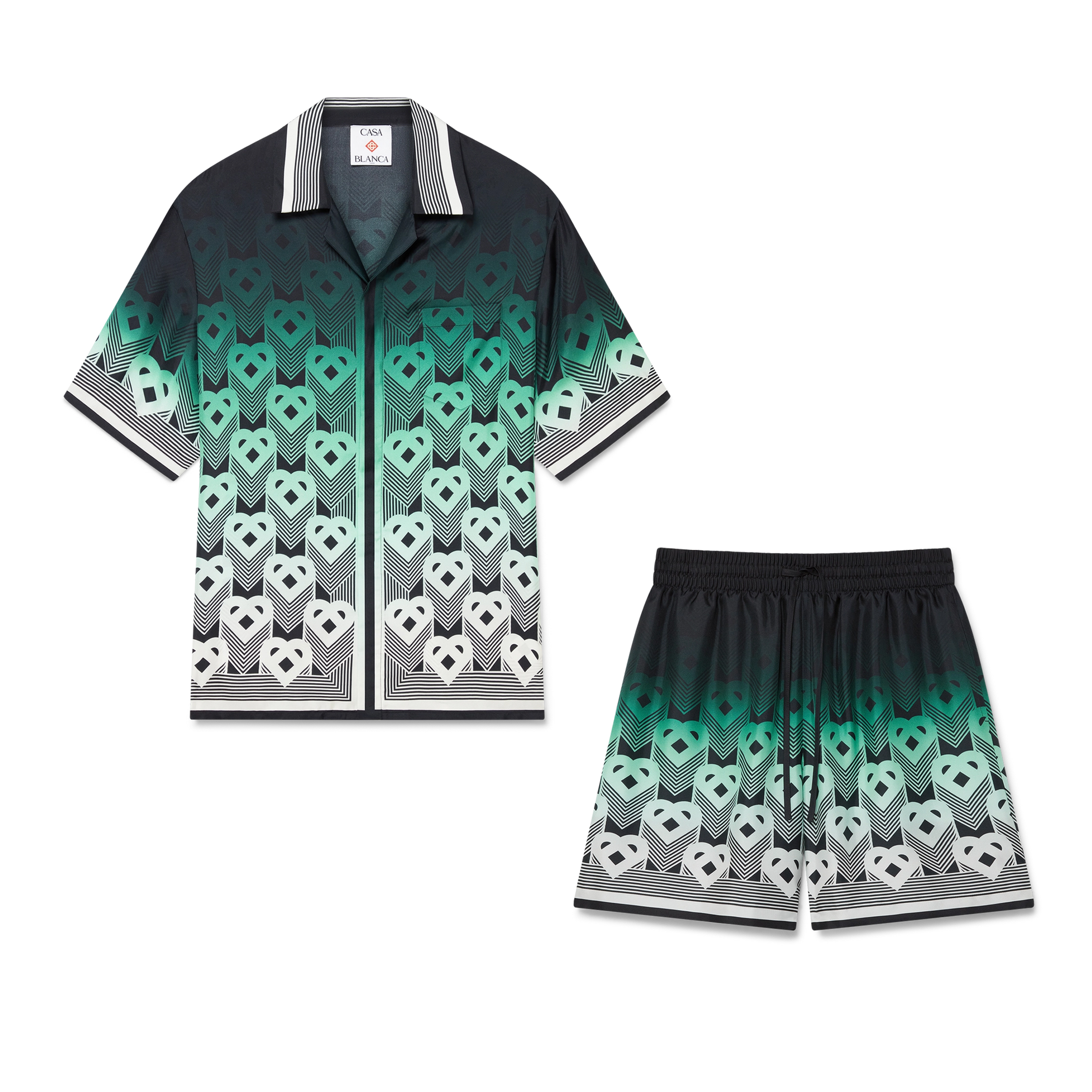 NIGO Casablanca Men's Summer Fashion Casual Heart Pattern Silk Button Down Short Sleeve Shirt with Elastic Drawstring Silk Shorts Suit Set #nigo78592