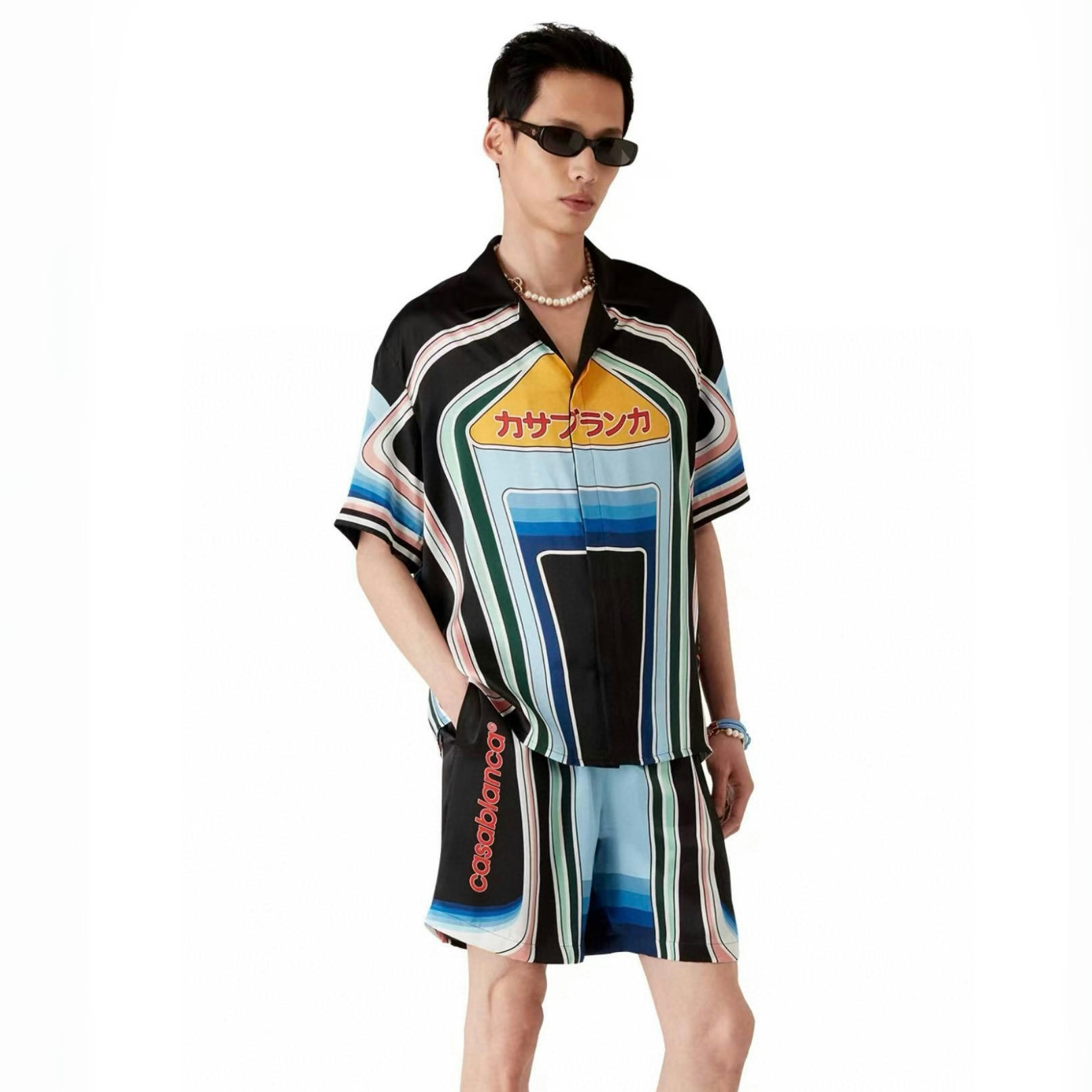 NIGO Casablanca Men's Summer Fashion Casual Crew Neck Geometric Mountain Pattern Silk Short-Sleeve T-Shirt Elastic Drawstring Mountain Pattern Silk Shorts Suit Set #nigo78591