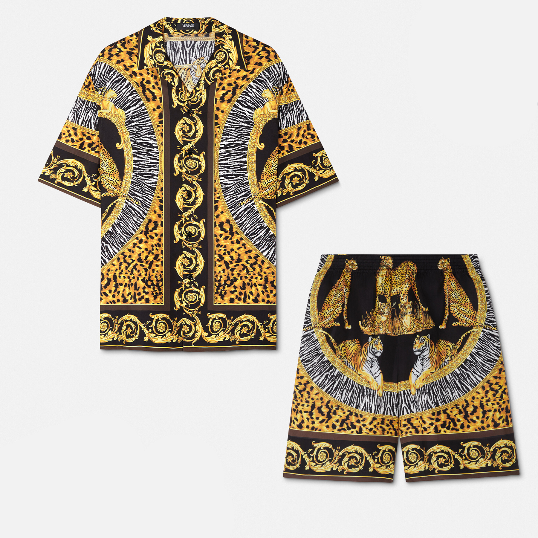 NIGO Versace Wild Cats Silk Lapel Shirt Shorts Set Men's Luxury Temperament Casual Single-breasted Shirt Elastic Waist Shorts Suit Set Ngvp #nigo2444