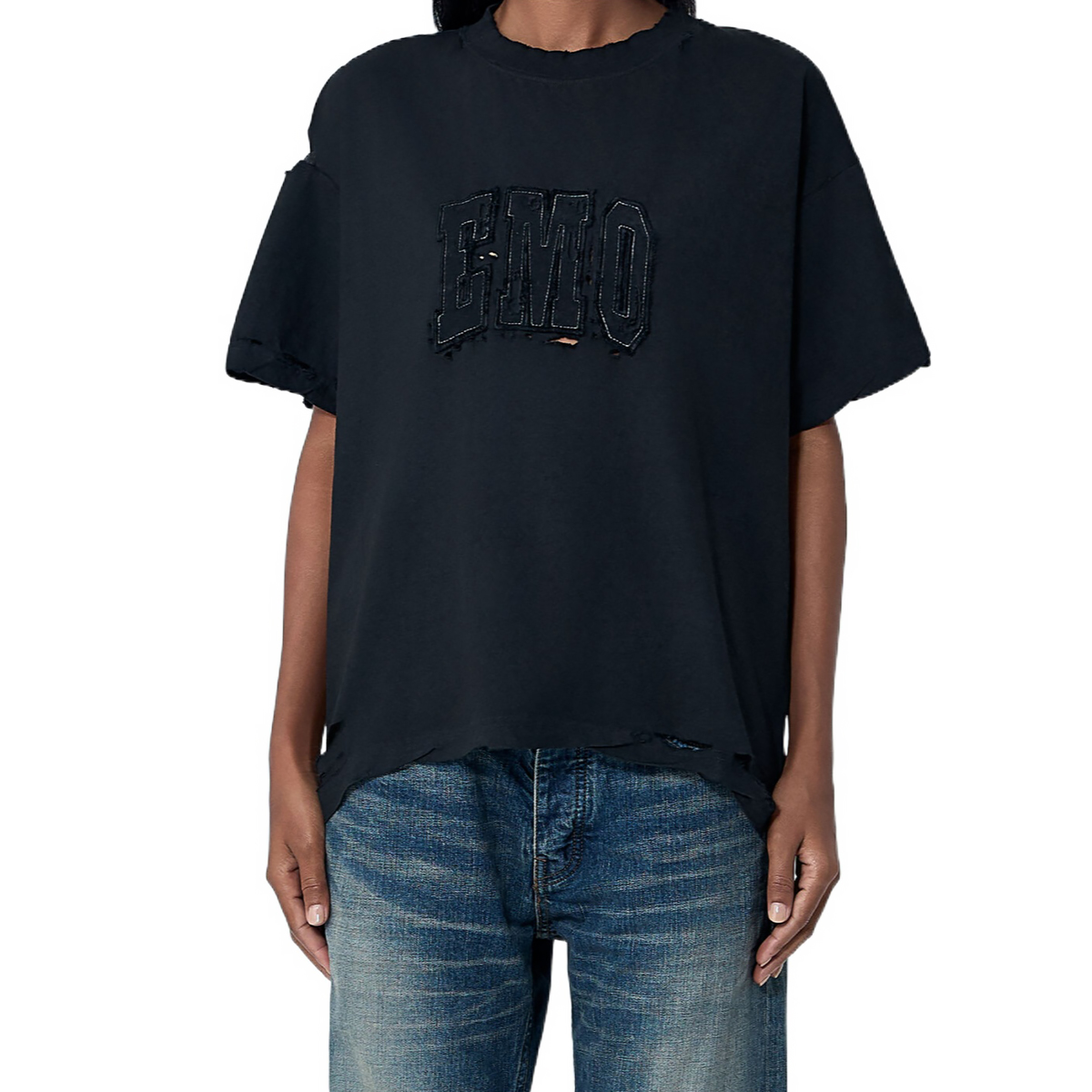 NIGO Balenciaga Women's Summer Logo EMO Embroidered Distressed Crew Neck Pullover Solid Color Short Sleeve T-Shirt #nigo81541