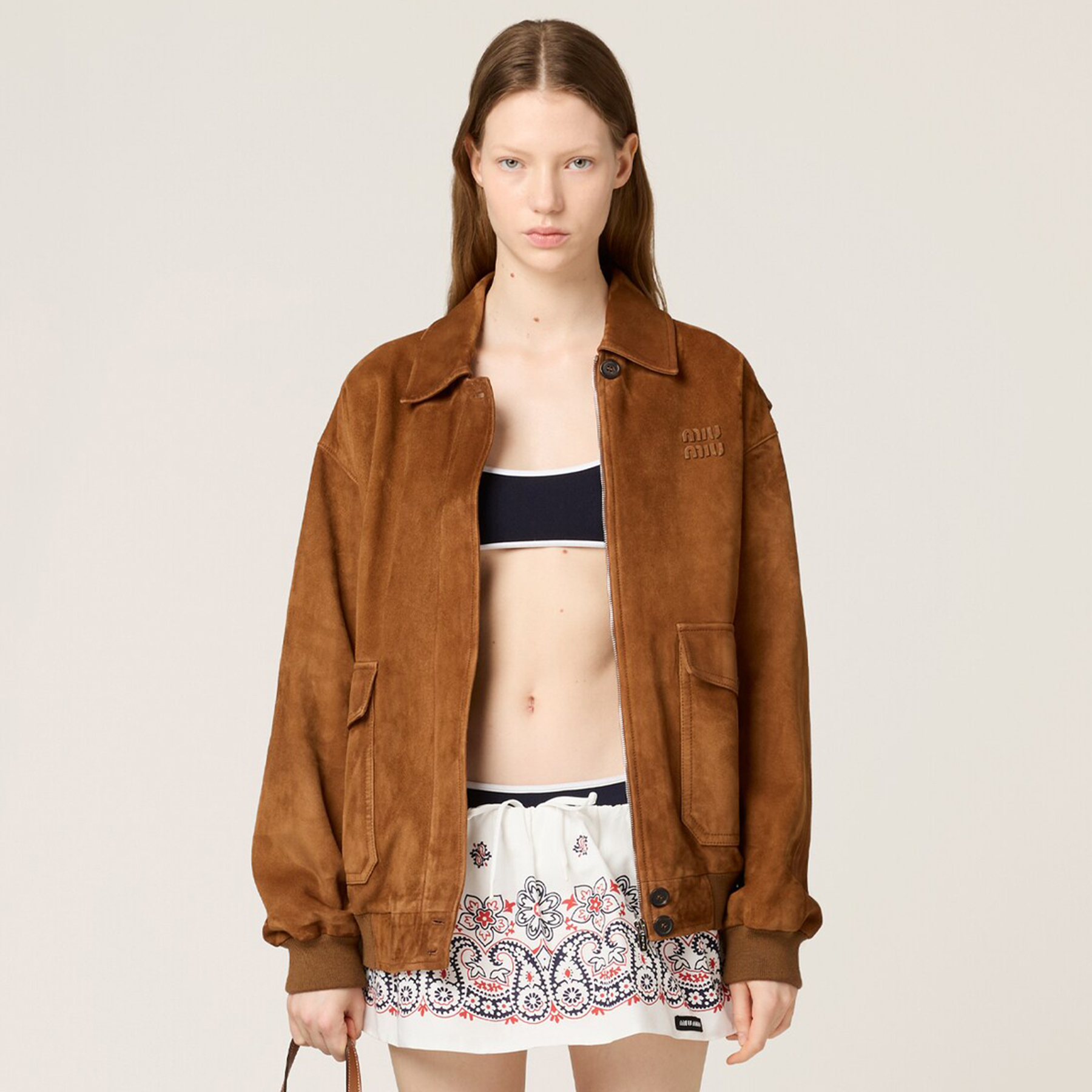 NIGO MiuMiu Women's Autumn And Winter Luxury Suede Leather Pilot Jacket Fashion Trend Solid Color Ban Lapel Jacket #nigo81614