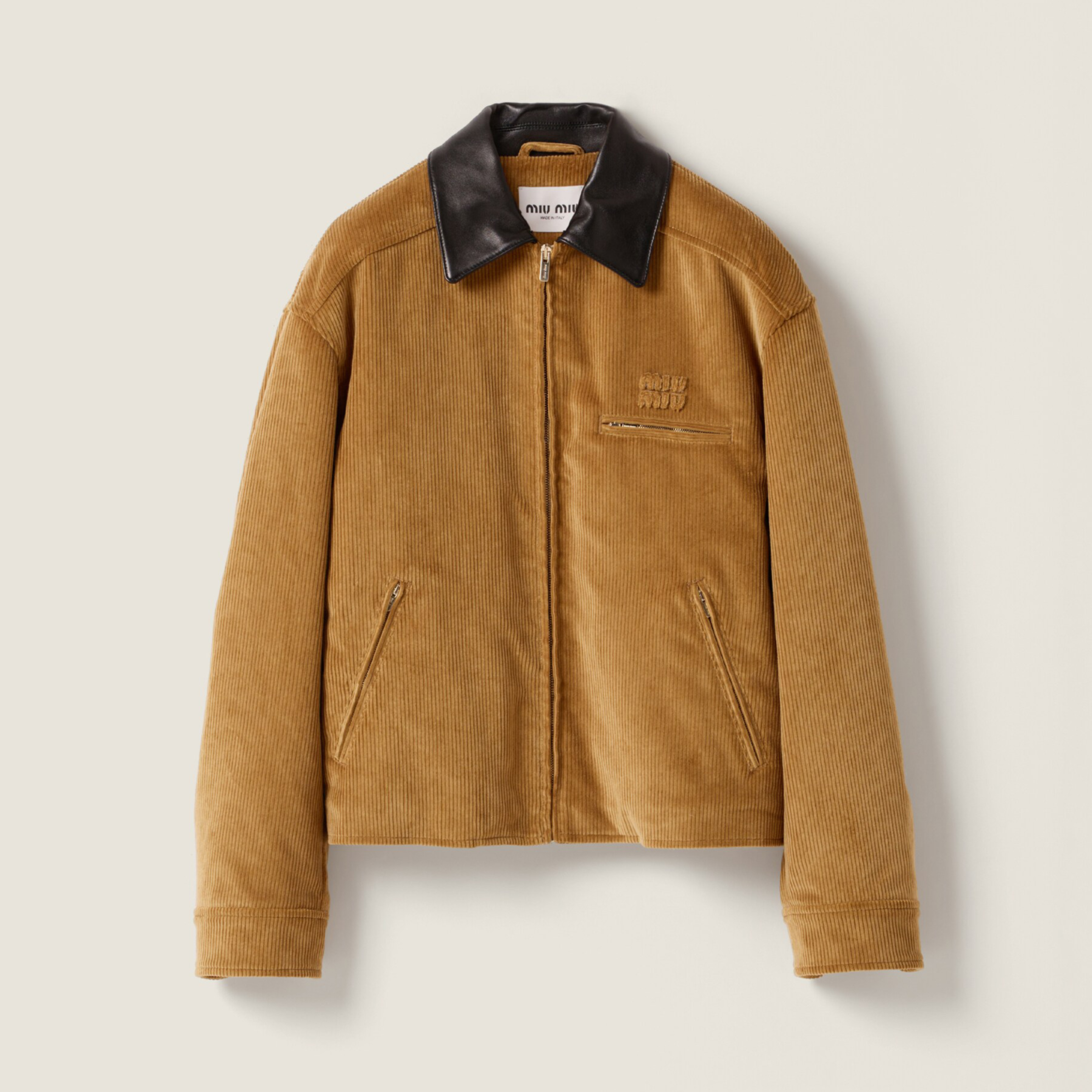 NIGO MiuMiu Women's Contrast-Color Leather Collar Spring/Fall Padded Corduroy Zipper Long-Sleeve Solid-Color Jacket #nigo81548