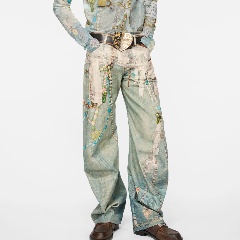 NIGO Acne Studios Men's & Women's Lace Pearl Chain 3D Print Four-Season Relaxed Mid-Rise Straight-Leg Curved Hem Denim Pants #nigo81549