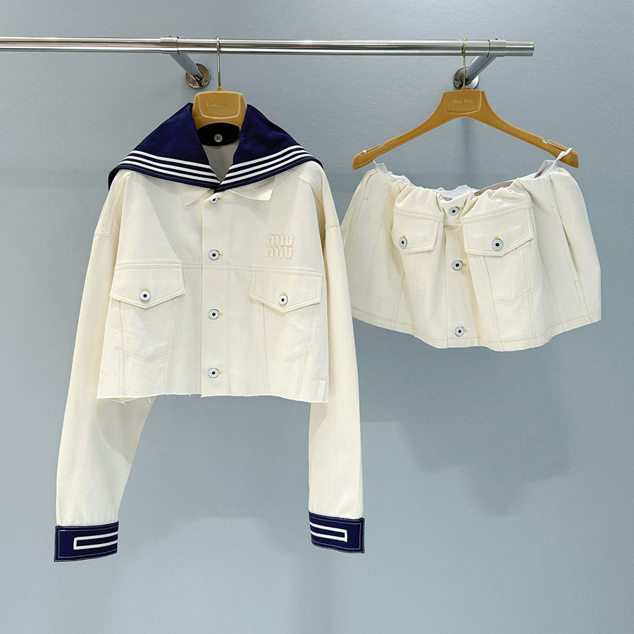 NIGO MiuMiu Women's Spring/Summer Navy Collar Single-Button Cotton Long-Sleeve Denim Jacket Solid-Color Casual Short Skirt #nigo81546