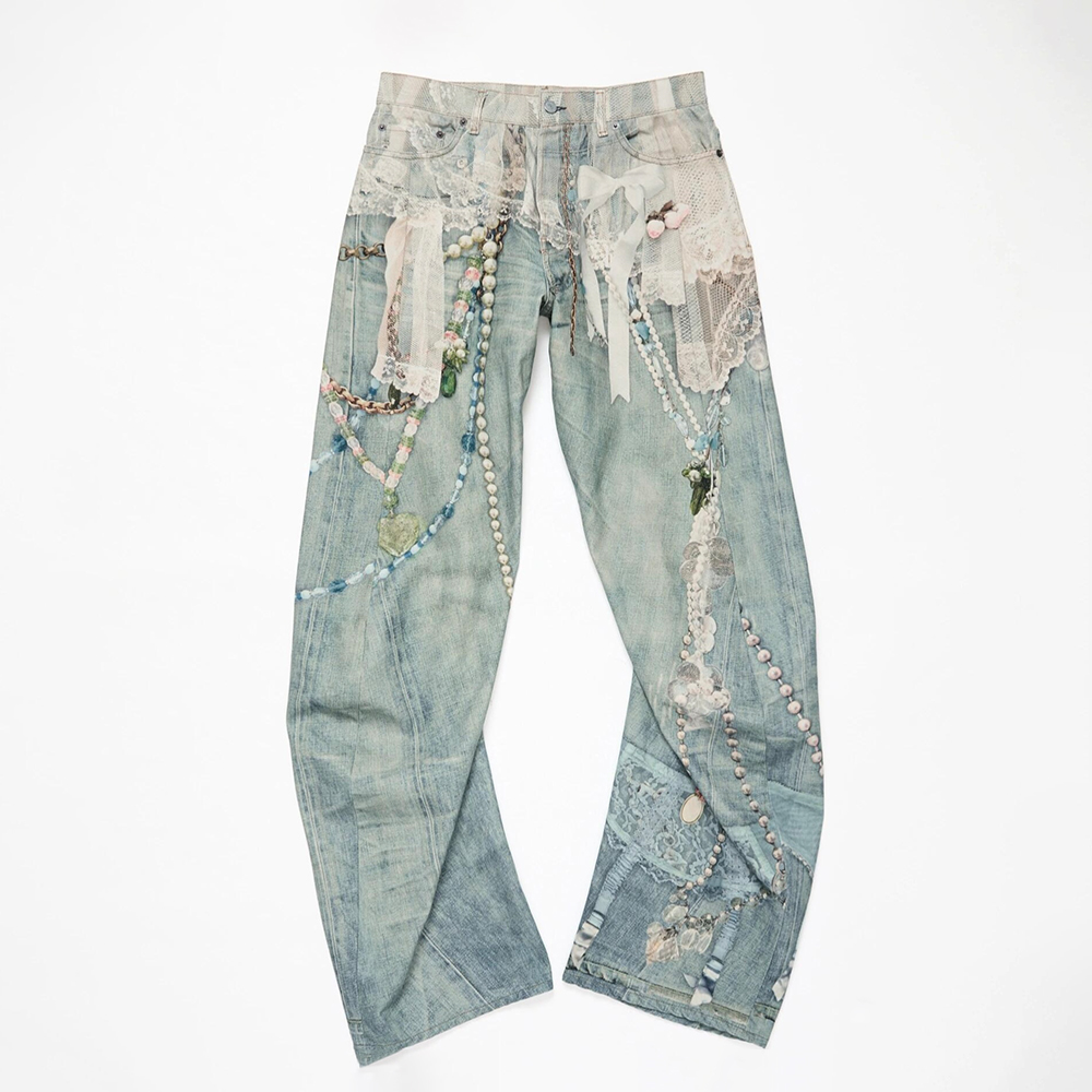 NIGO Acne Studios Men's & Women's Lace Pearl Chain 3D Print Four-Season Relaxed Mid-Rise Straight-Leg Curved Hem Denim Pants #nigo81549