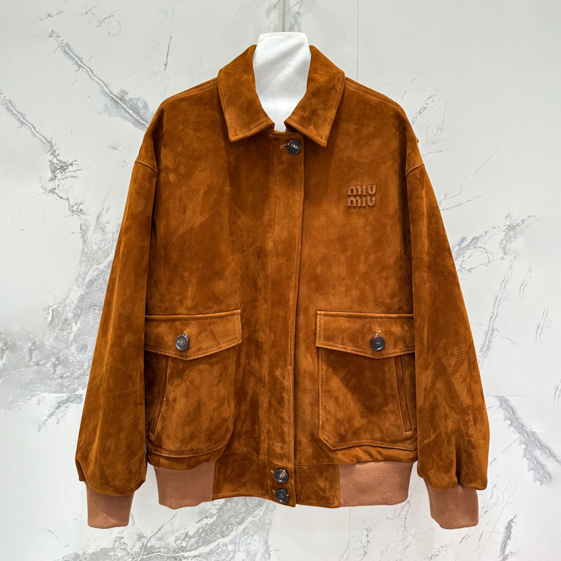 NIGO MiuMiu Women's Autumn And Winter Luxury Suede Leather Pilot Jacket Fashion Trend Solid Color Ban Lapel Jacket #nigo81614
