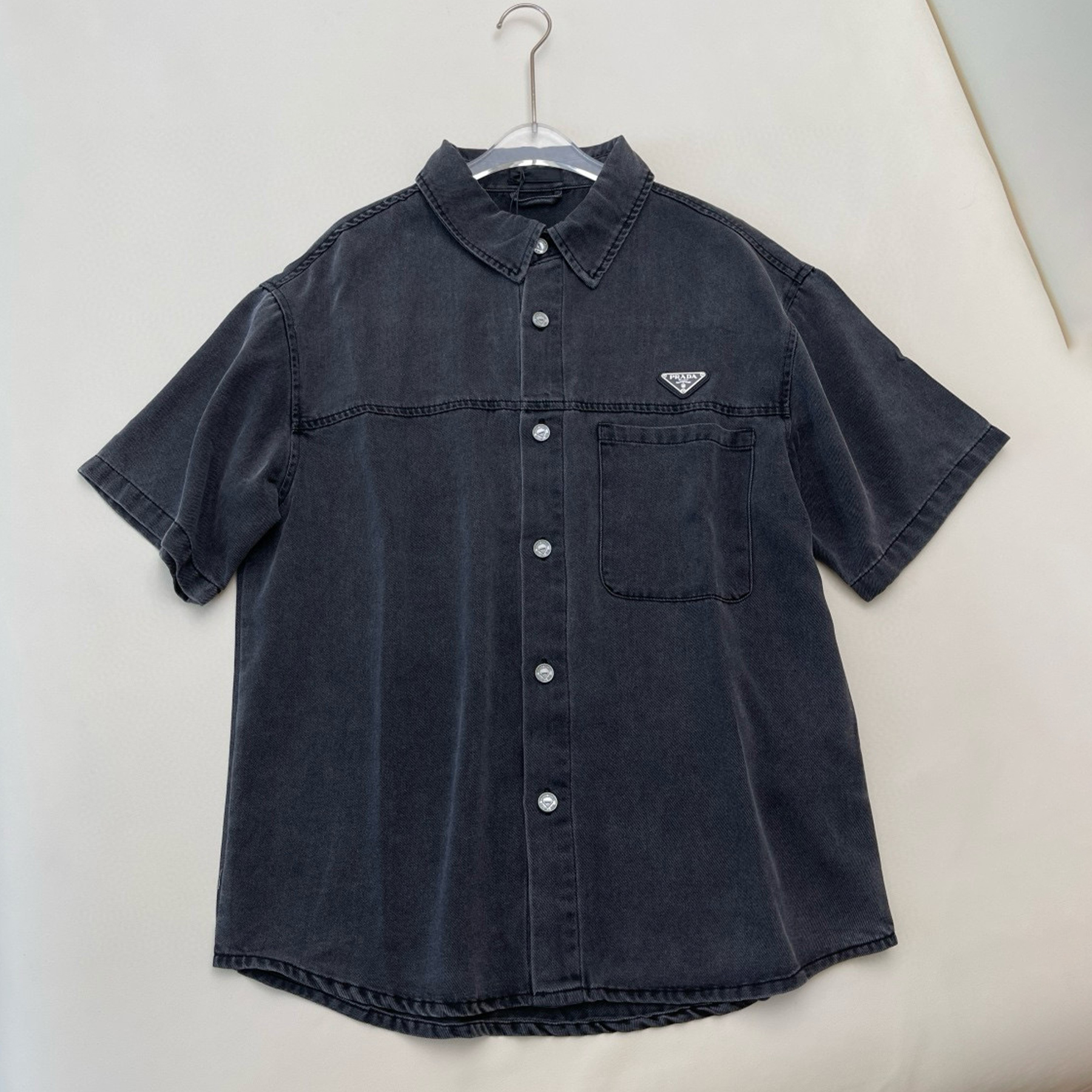 NIGO Prada Men's Early Autumn Men's Women's Lycra Denim Shirt, Triangle Logo Vintage Gray Short Sleeve Lapel Shirt Polo T-shirt  #nigo81617