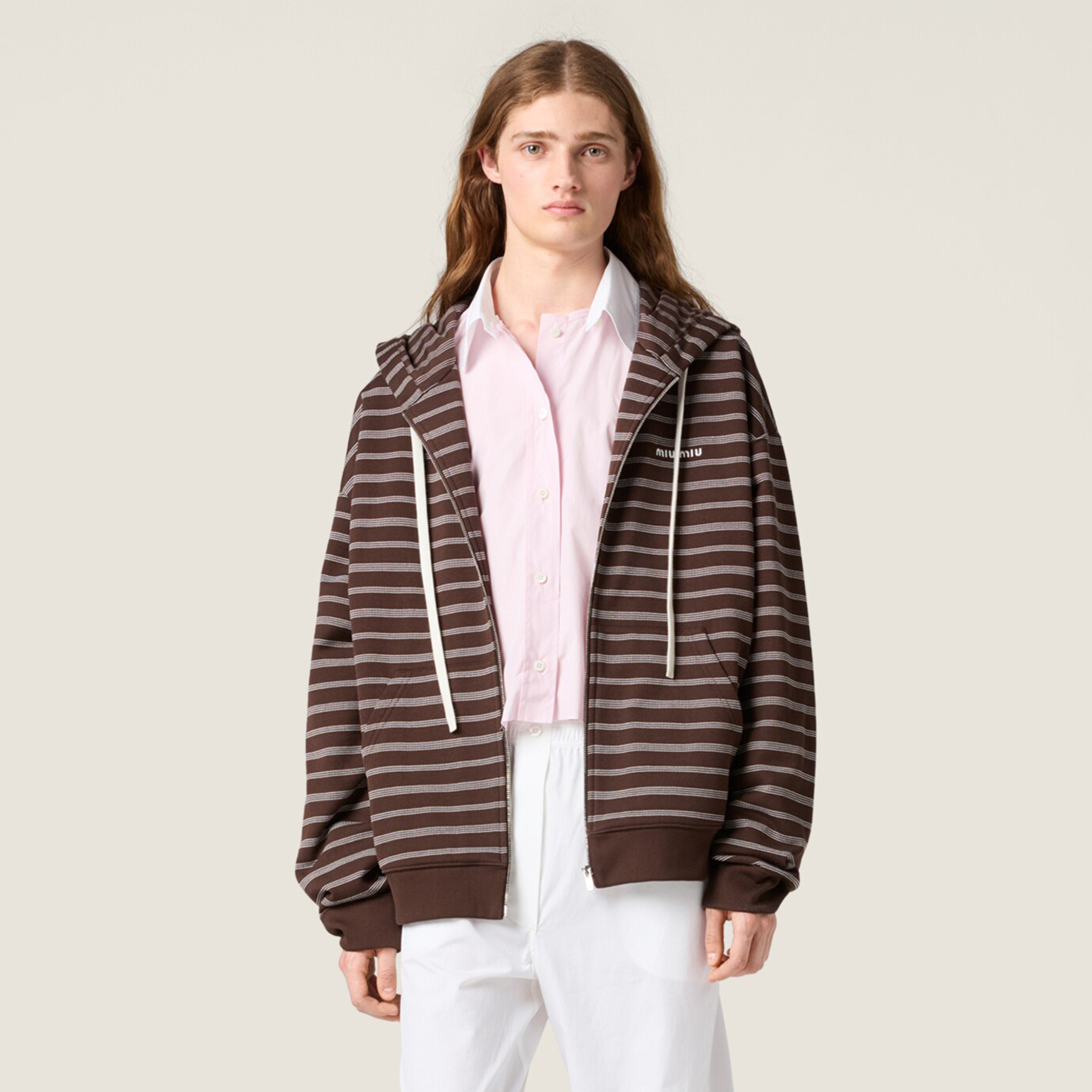 NIGO MiuMiu Women's Spring/Fall Contrast-Striped Cotton-Fleece Zipper Long-Sleeve Slim-Fit Hooded Jacket #nigo81547