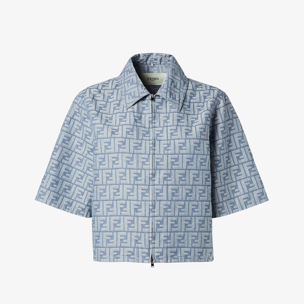 NIGO Fendi Women's Summer Blue FF Jacquard Chambray Short-Sleeve Collared Denim Jacket With Casual Elastic Waist Shorts #nigo81543