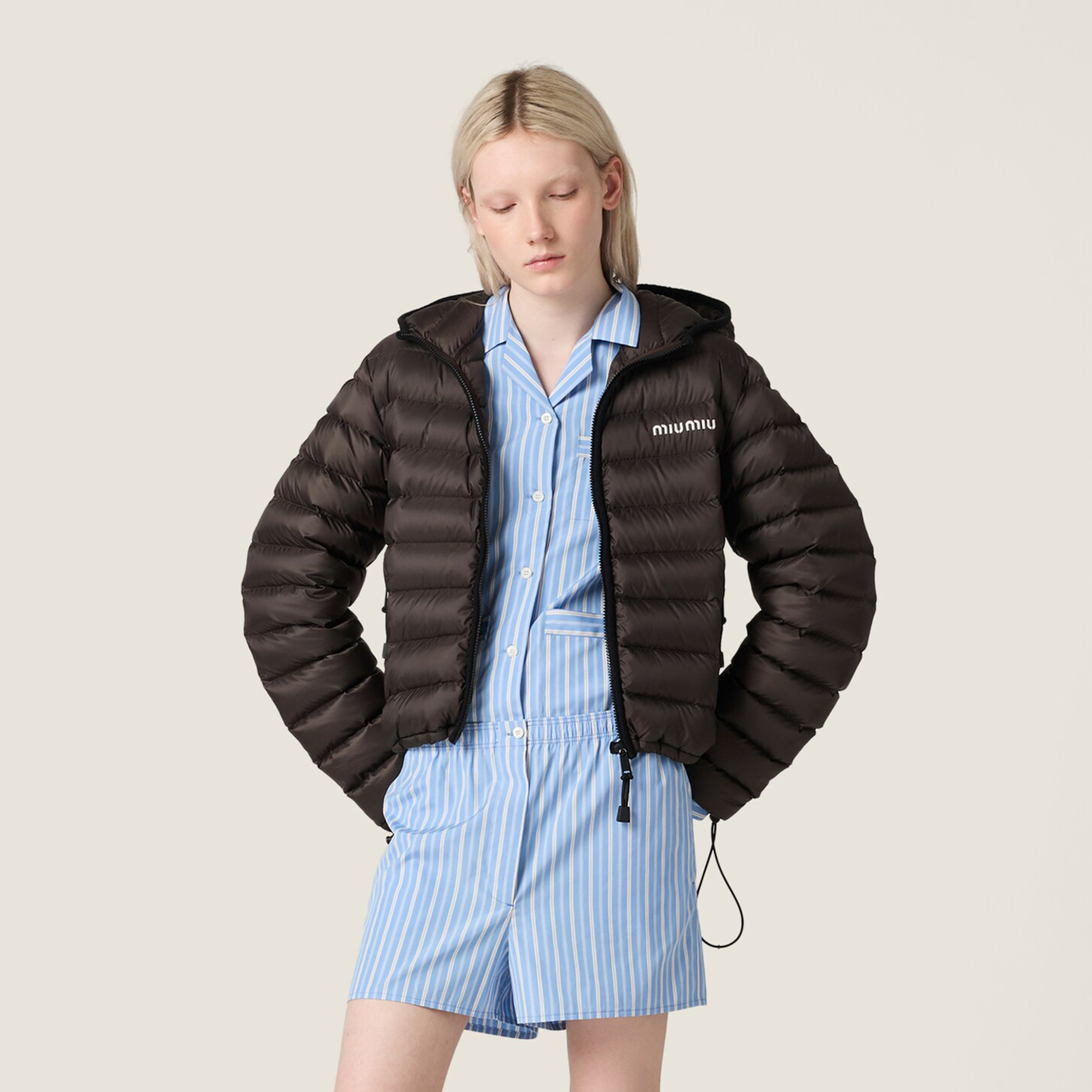 NIGO MiuMiu Women's Lightweight Pongé Down Hooded Jacket Solid Color Zipper Logo Embroidered Long Sleeve Outerwear #nigo81545