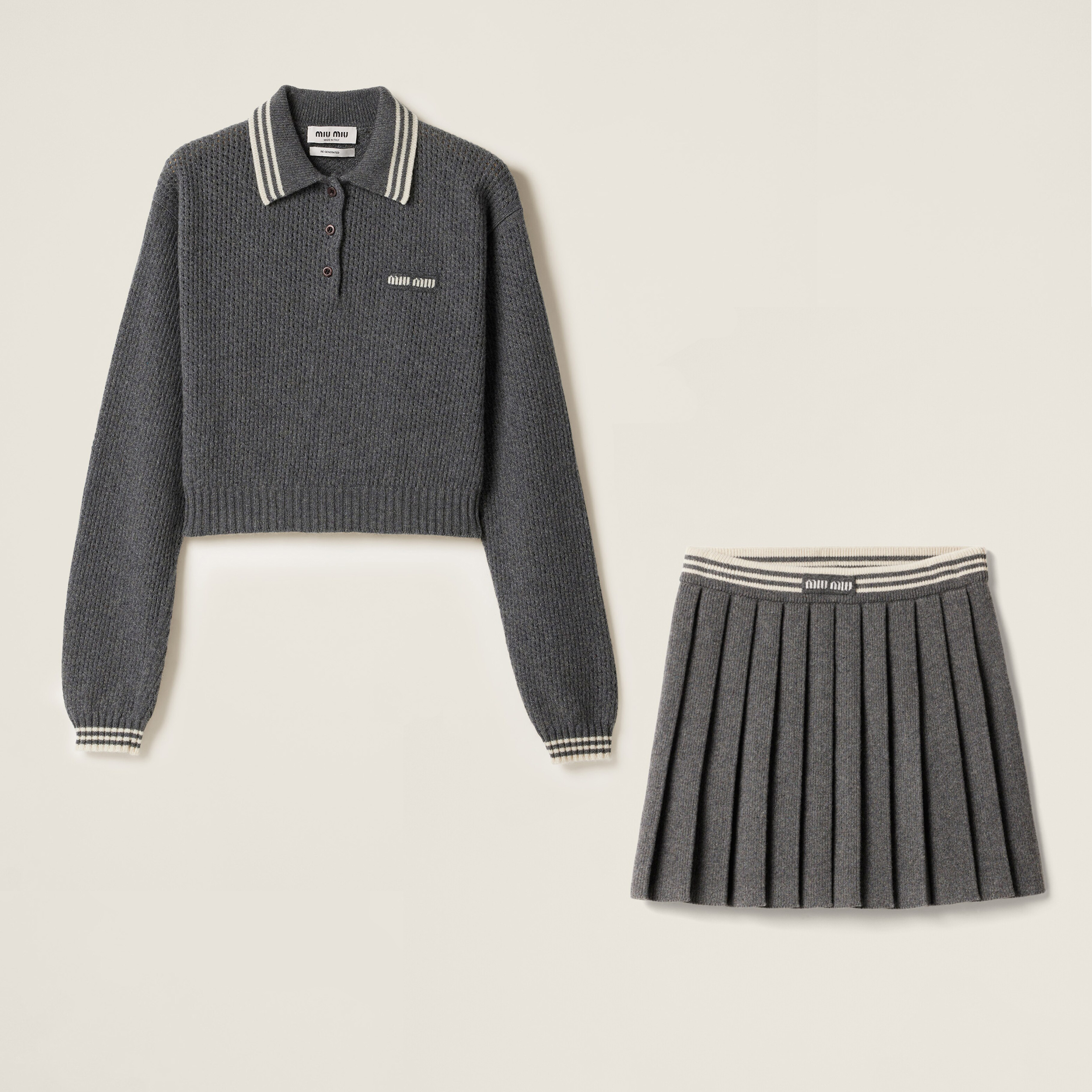 NIGO MiuMiu Women's Spring/Fall Fashion Casual Solid Color Collared Wool Lace Up Knit Polo Shirt with Cashmere Skirt Suit Set #nigo78627