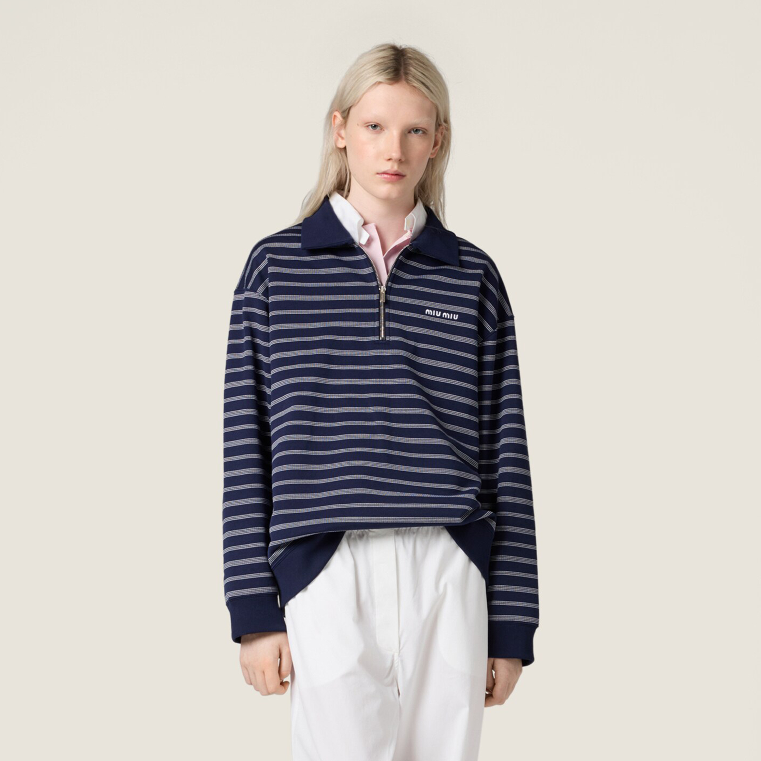 NIGO MiuMiu Women's Summer Logo Embroidered Cotton Loose-Fit Color-Block Striped Zipper Polo Shirt #nigo81544