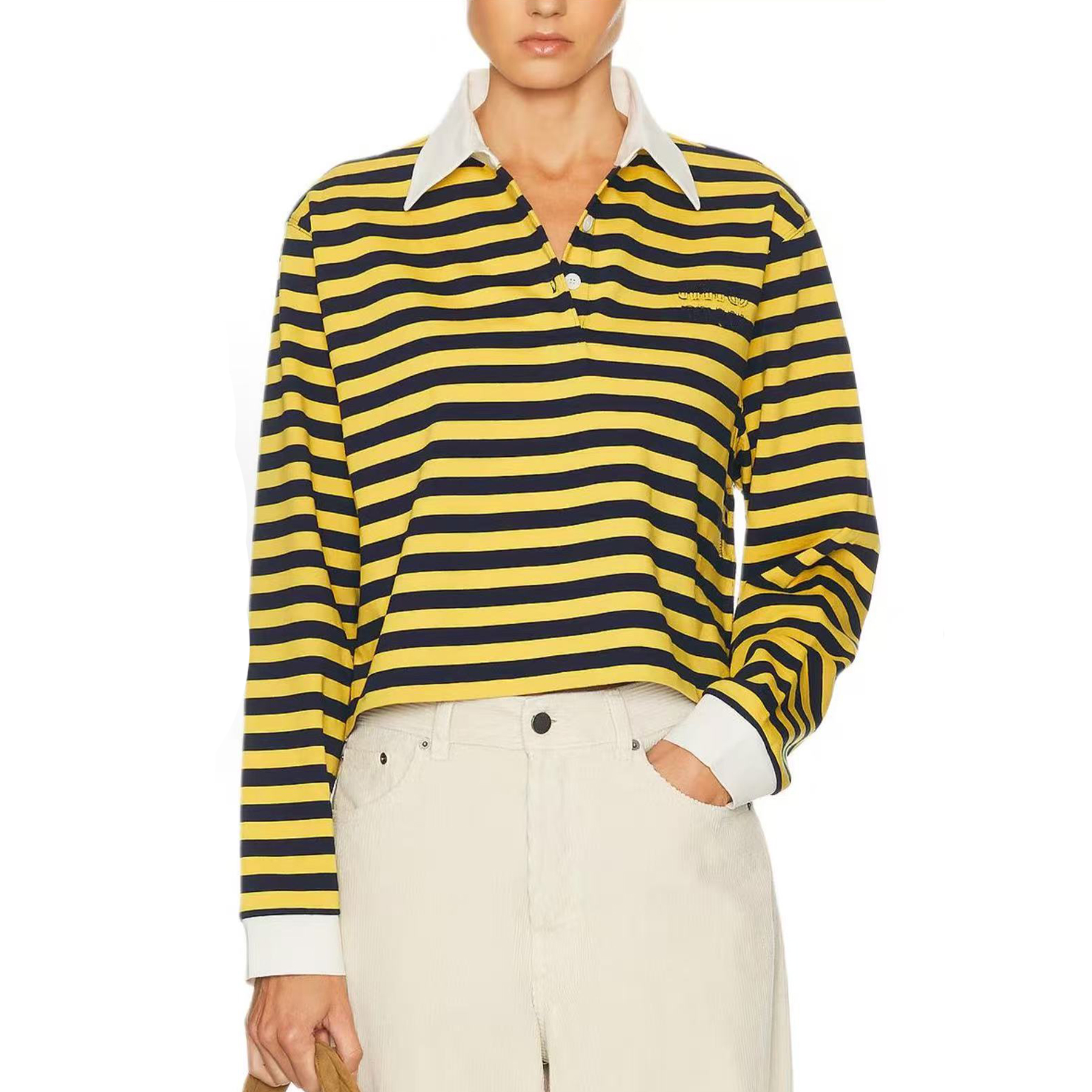 NIGO MiuMiu Women's Spring And Summer Fashion Trend Cotton Striped Embroidered Logo Long Flow Polo Shirt T-shirt Loose Casual Top #nigo81618