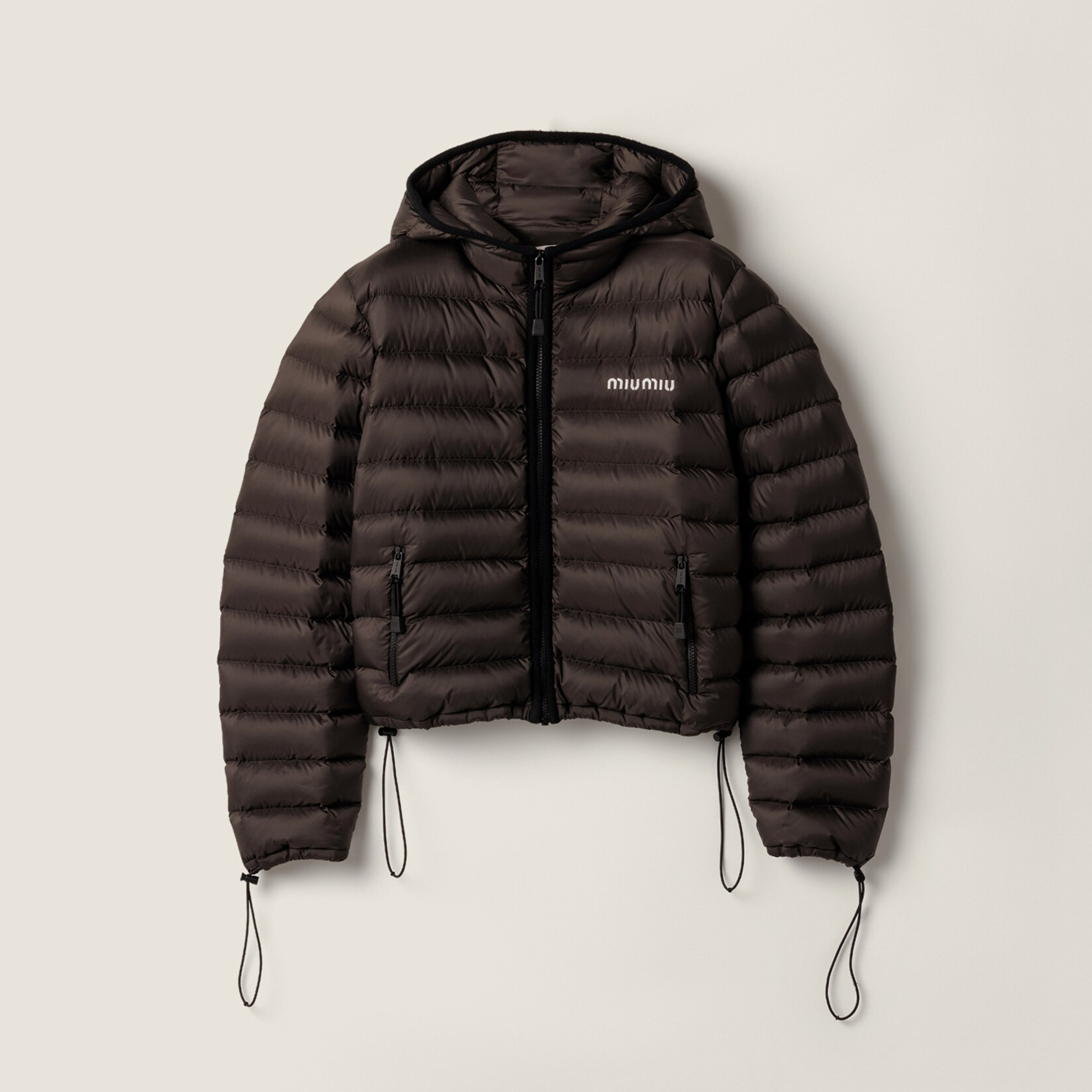 NIGO MiuMiu Women's Lightweight Pongé Down Hooded Jacket Solid Color Zipper Logo Embroidered Long Sleeve Outerwear #nigo81545