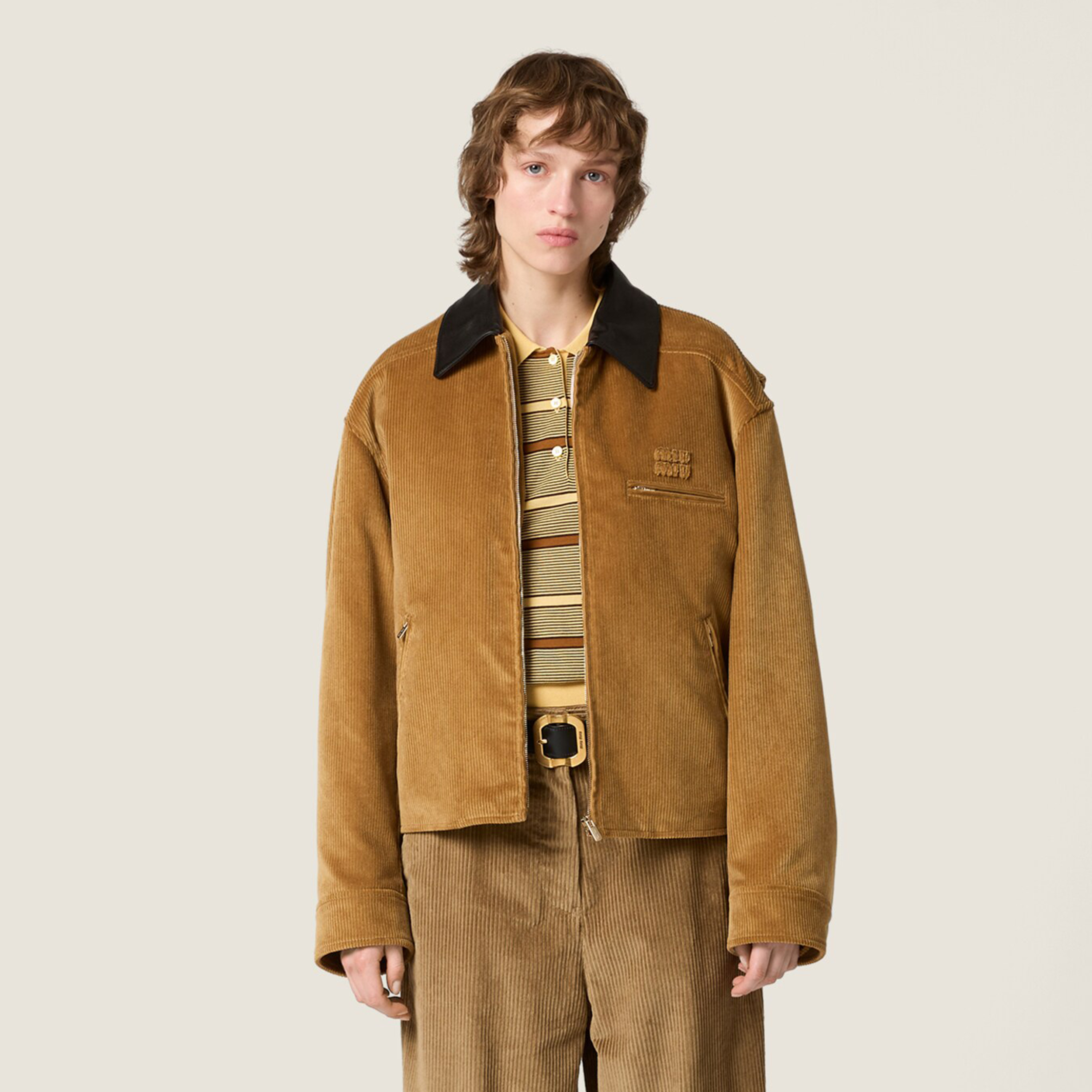 NIGO MiuMiu Women's Contrast-Color Leather Collar Spring/Fall Padded Corduroy Zipper Long-Sleeve Solid-Color Jacket #nigo81548