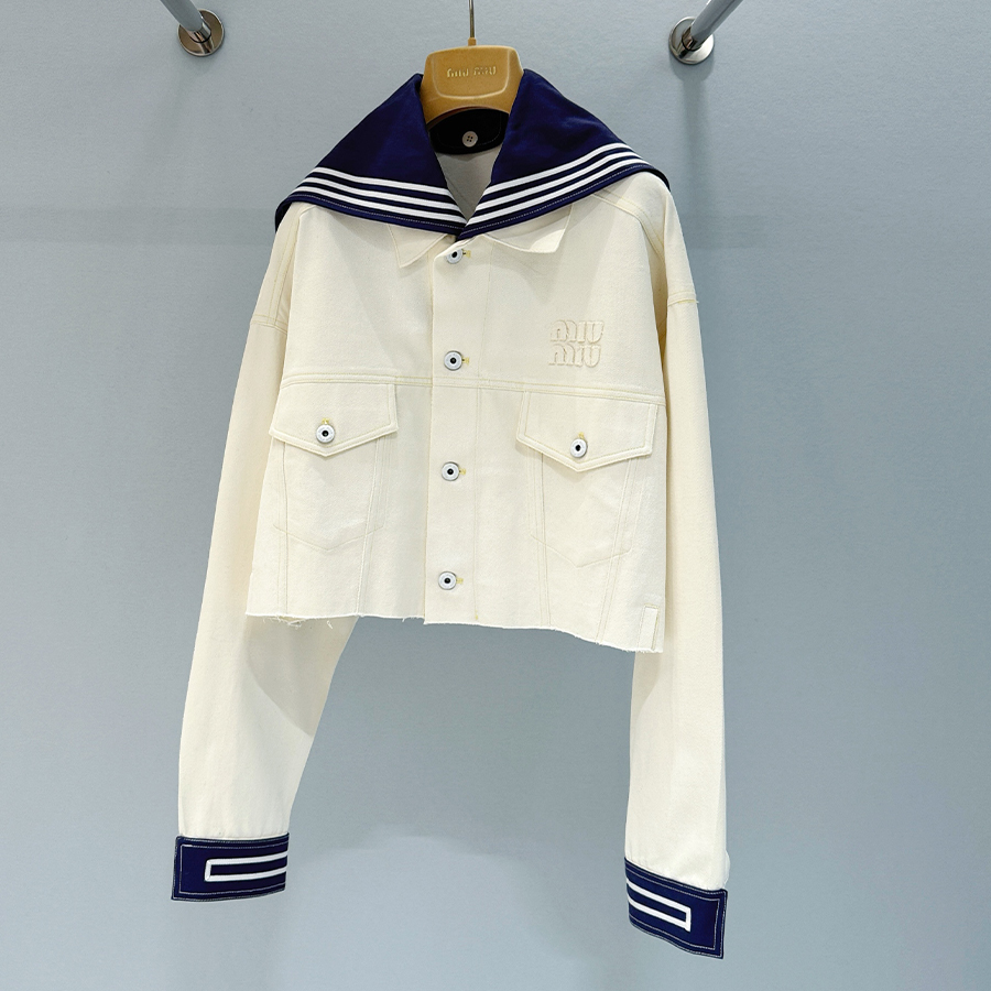 NIGO MiuMiu Women's Spring/Summer Navy Collar Single-Button Cotton Long-Sleeve Denim Jacket Solid-Color Casual Short Skirt #nigo81546