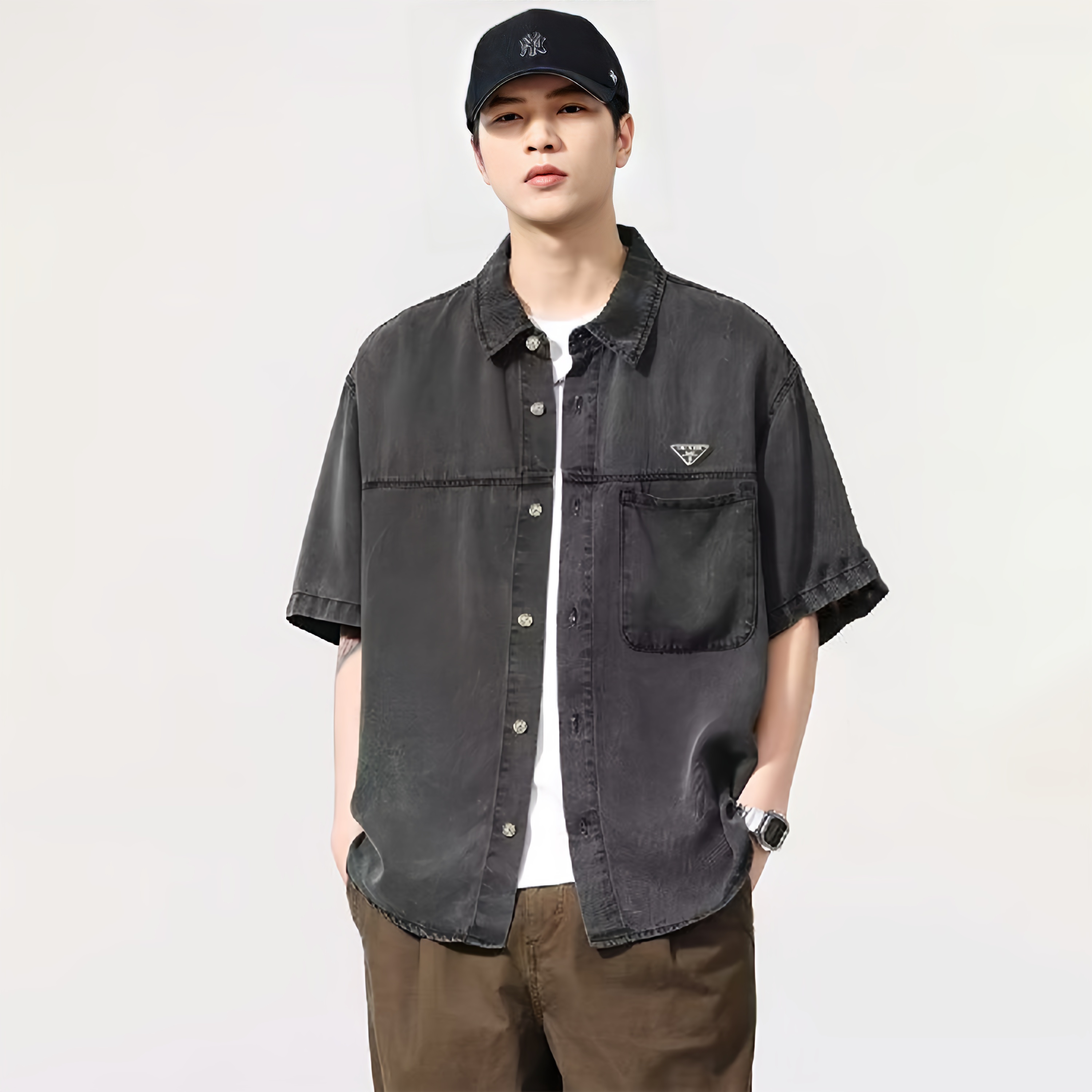 NIGO Prada Men's Early Autumn Men's Women's Lycra Denim Shirt, Triangle Logo Vintage Gray Short Sleeve Lapel Shirt Polo T-shirt  #nigo81617