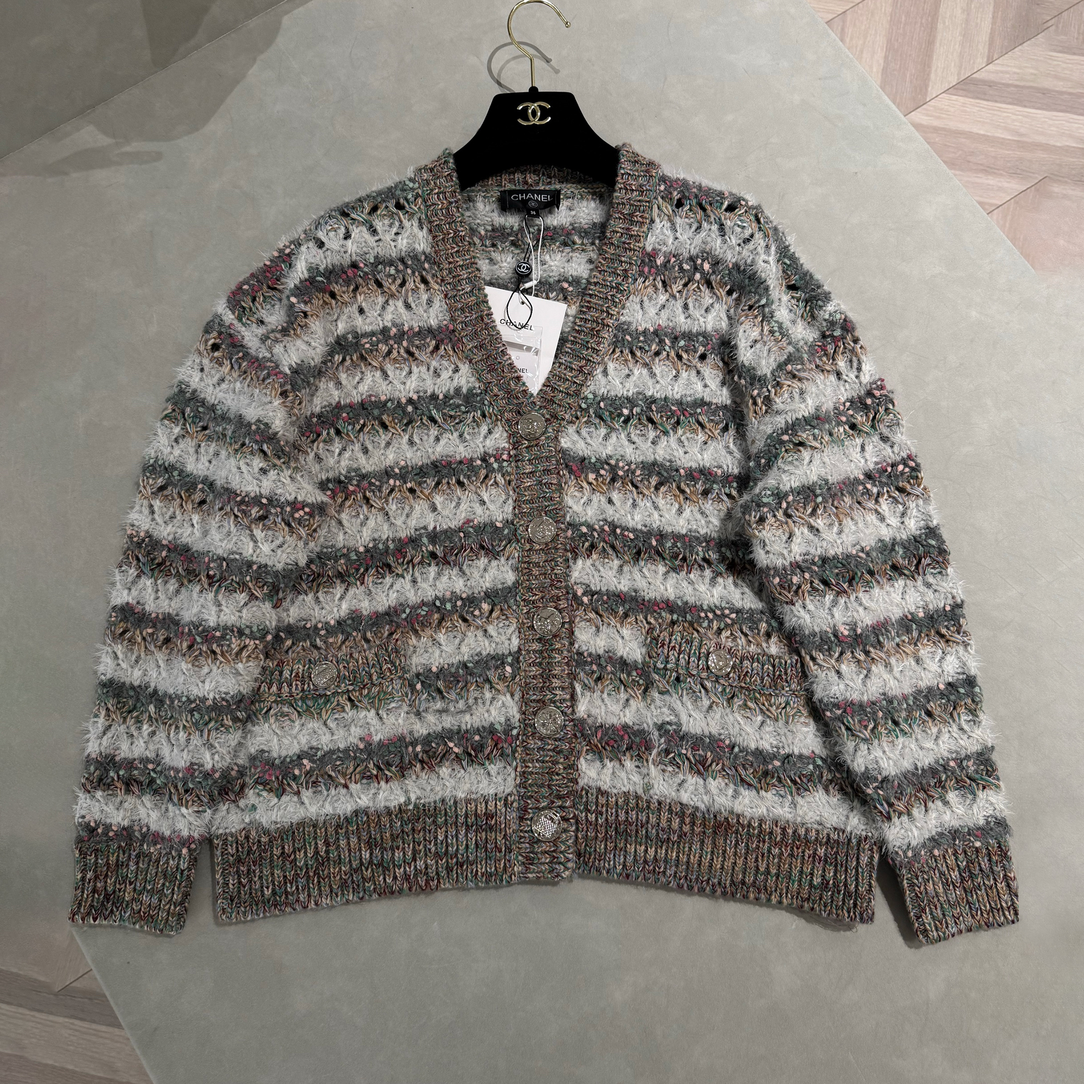 NIGO Chanel Women's Spring/Fall V-Neck Single-Button Hollow Knit Multi-Color Long-Sleeve Cardigan Casual Short Skirt Suit Set Ngvp #nigo2355